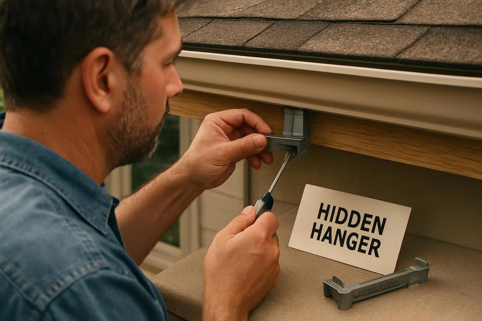 A man installs a hidden roof hanger with a screwdriver beside a card labeled HIDDEN HANGER