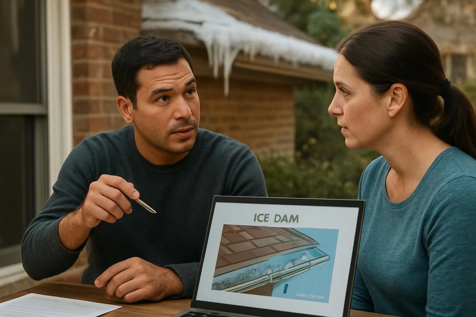 Two people sit at a table outside, talking beside a laptop showing an ice dam diagram