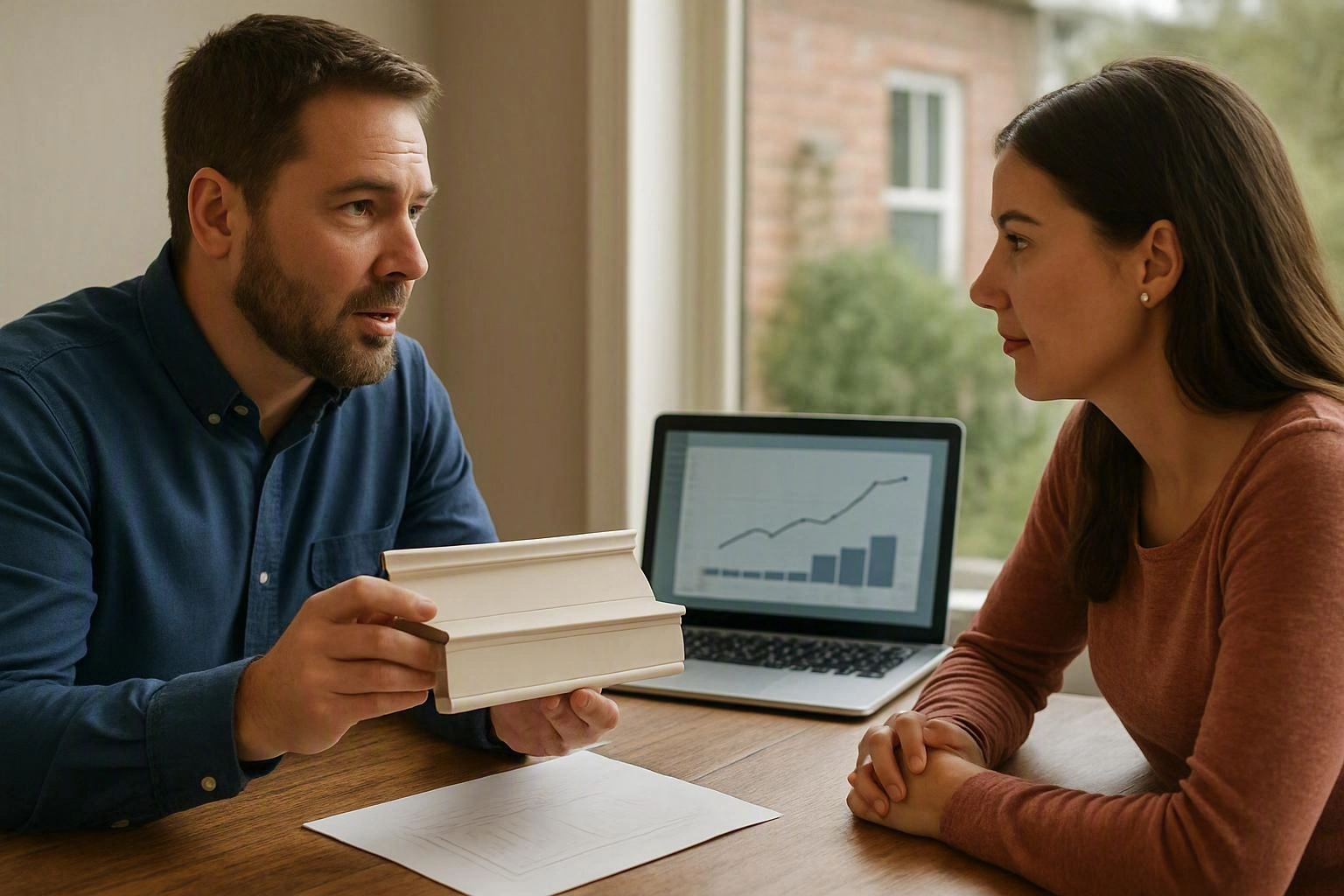 A man shows a white molding sample to a woman across a table, with a laptop chart behind them