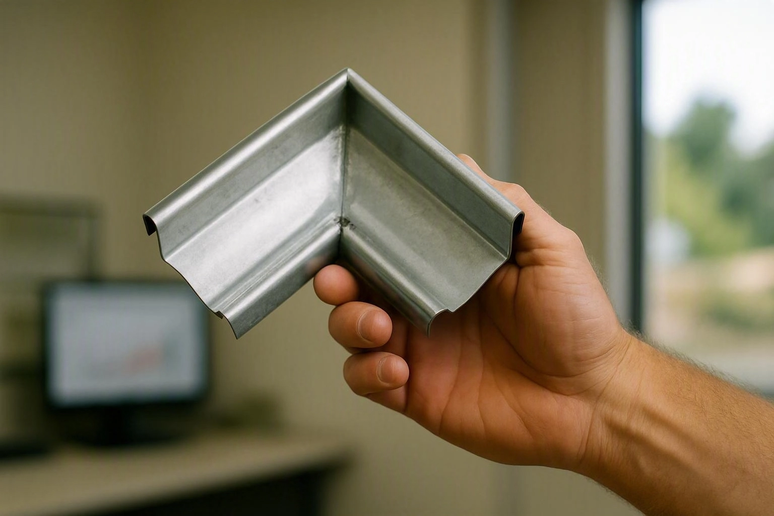 A hand holds a shiny L-shaped metal corner piece indoors near a window