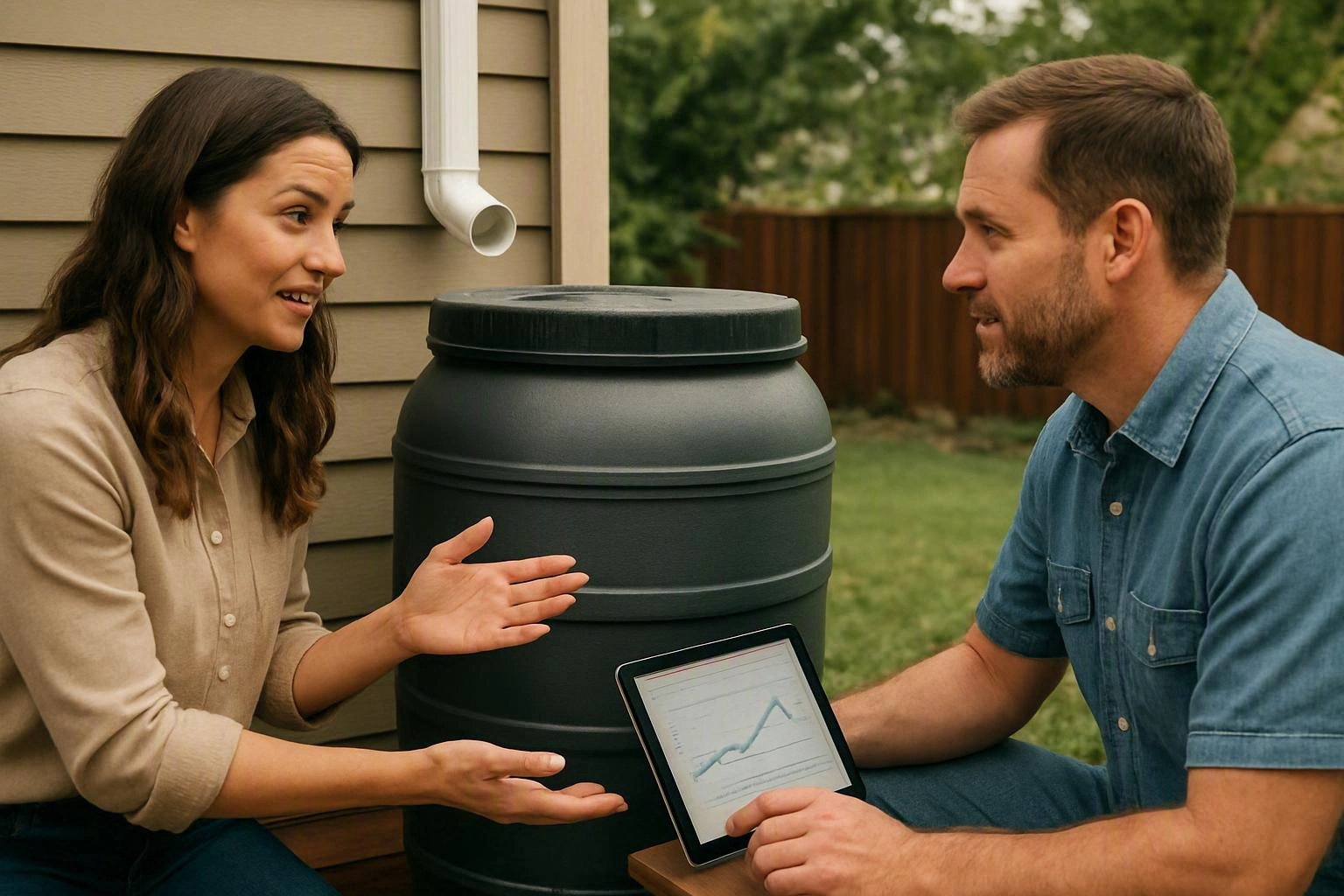 Two people talk beside a large black rain barrel in a backyard, with a tablet showing a line graph