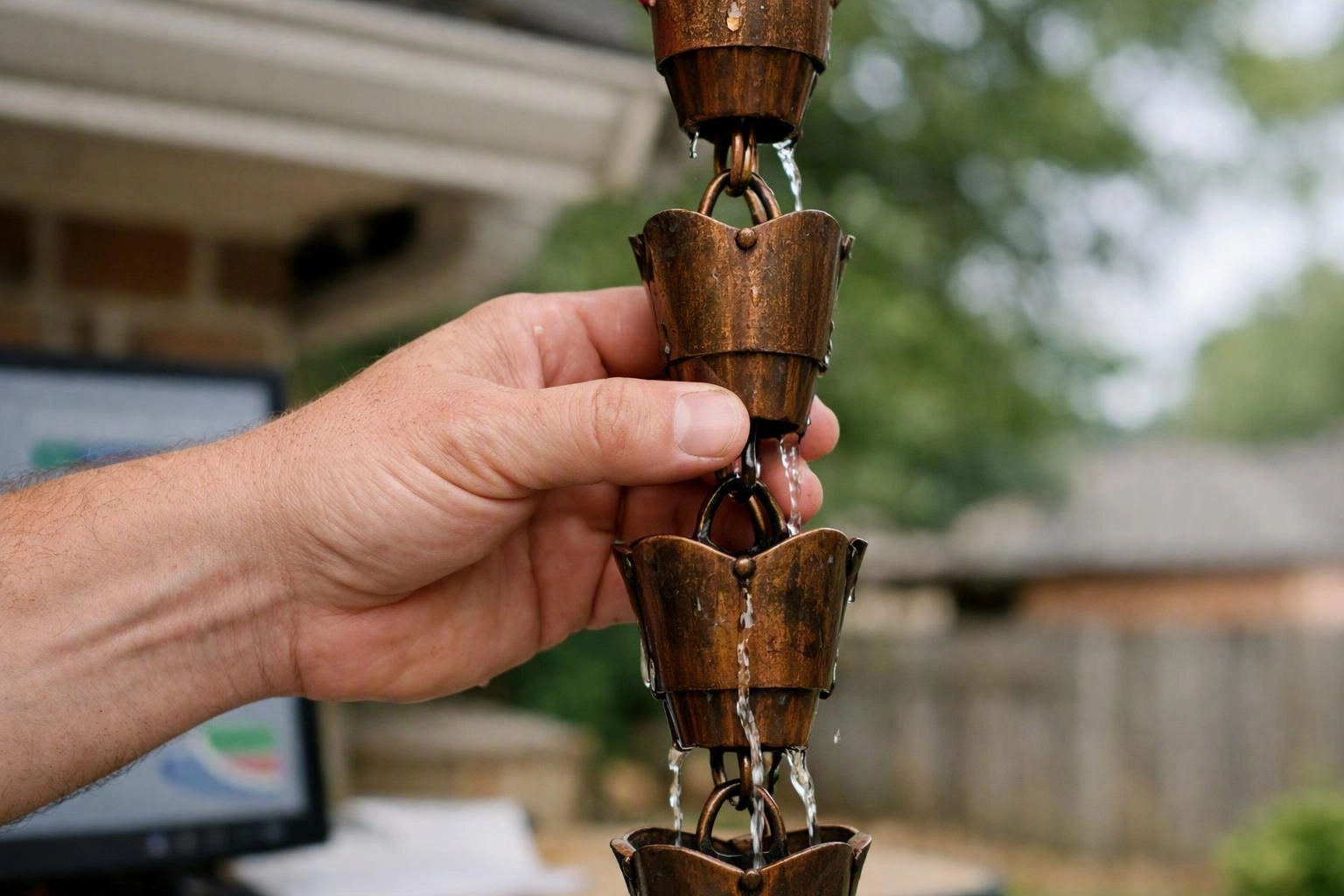 A hand steadies a wet copper rain chain as water drips down outside a house