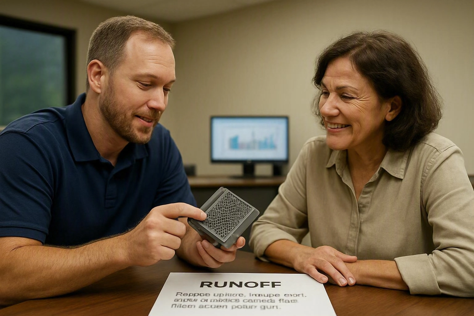 A man shows a woman a small gray device at a table, with a blurred computer screen in the background