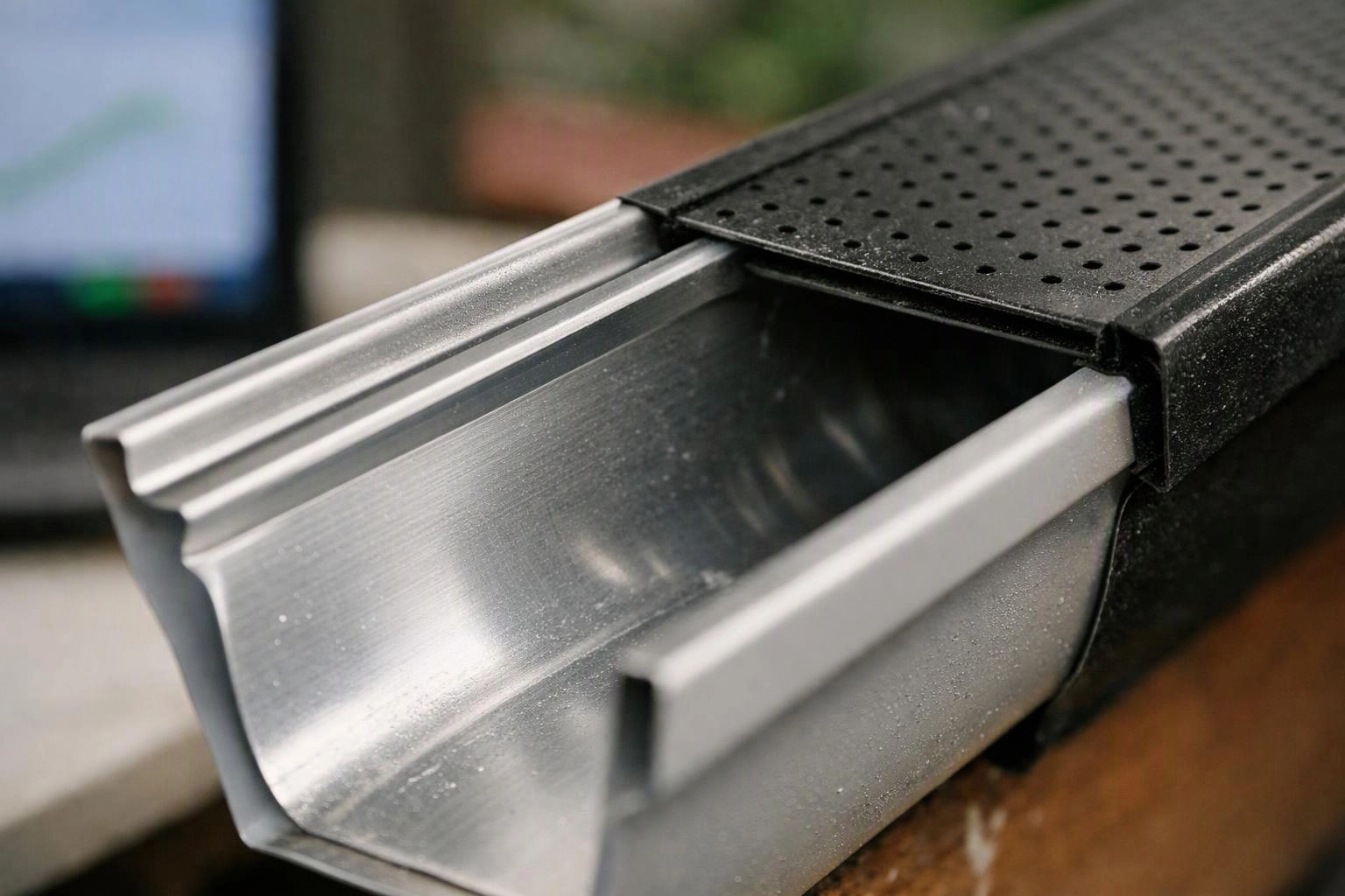 Close-up of a metal rain gutter with a perforated black cover and empty trough