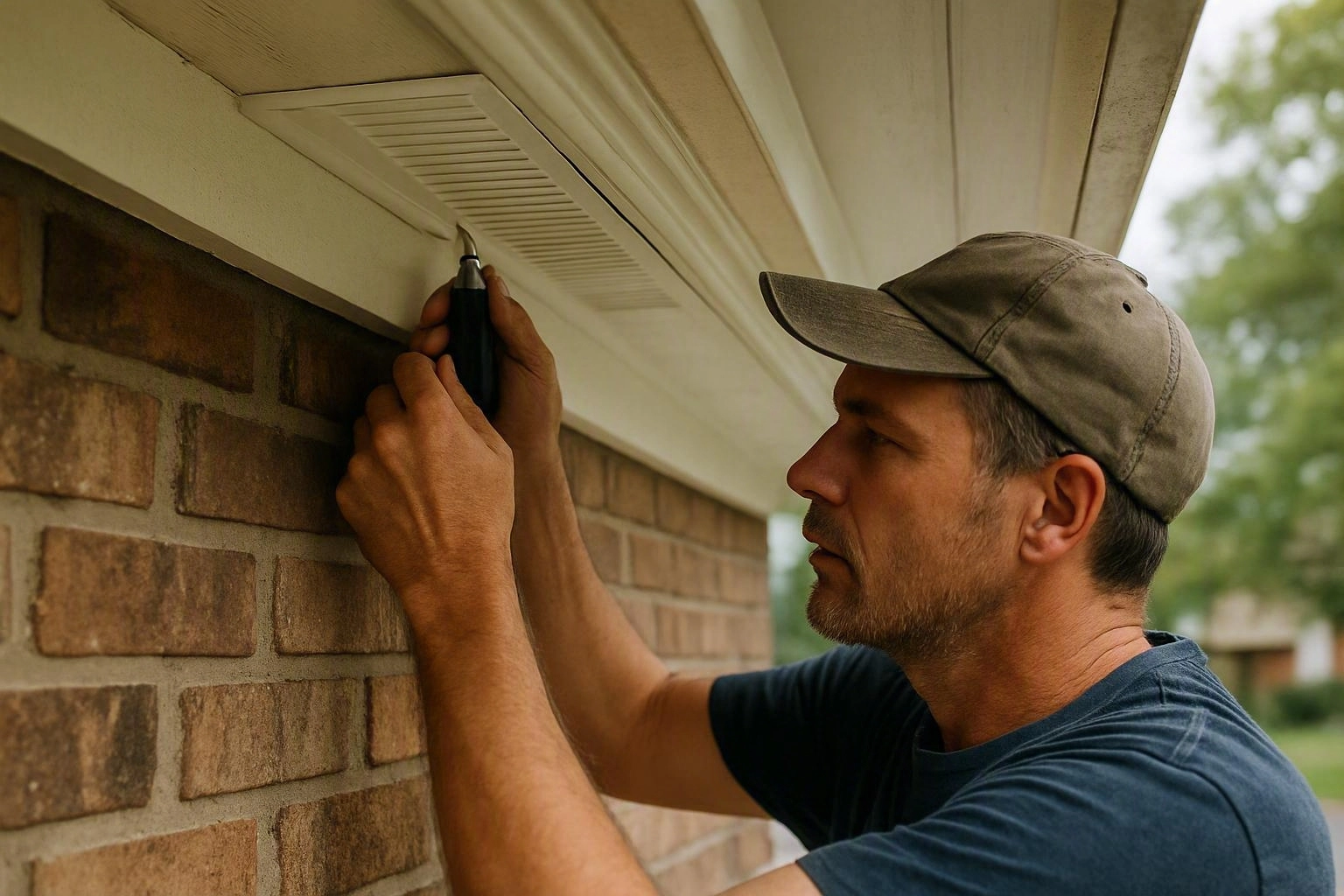 A man in a cap uses a tool to inspect the soffit under a house roofline