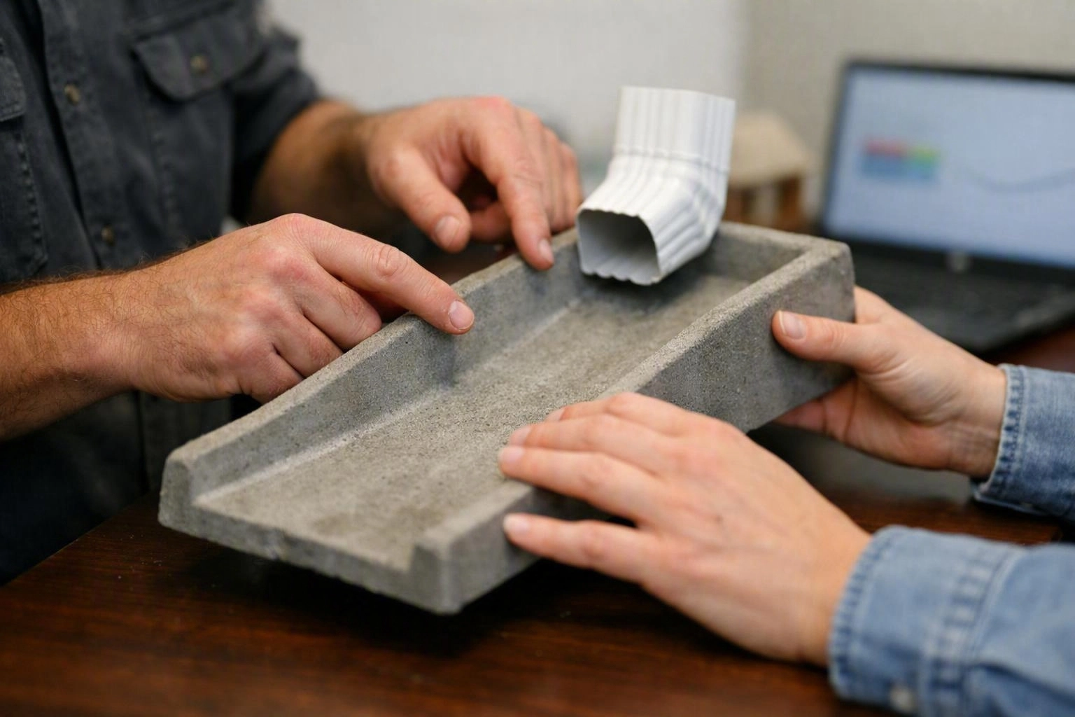 Two people examine a gray concrete trough and a white corrugated pipe on a wooden table