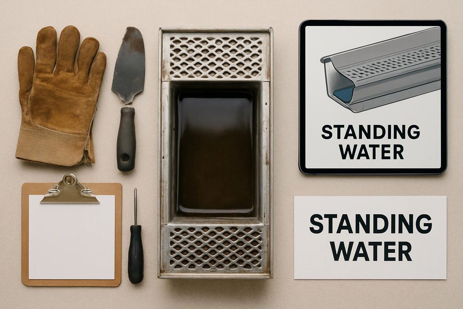 Glove, trowel, clipboard, and drain cover sit beside two signs reading “STANDING WATER”