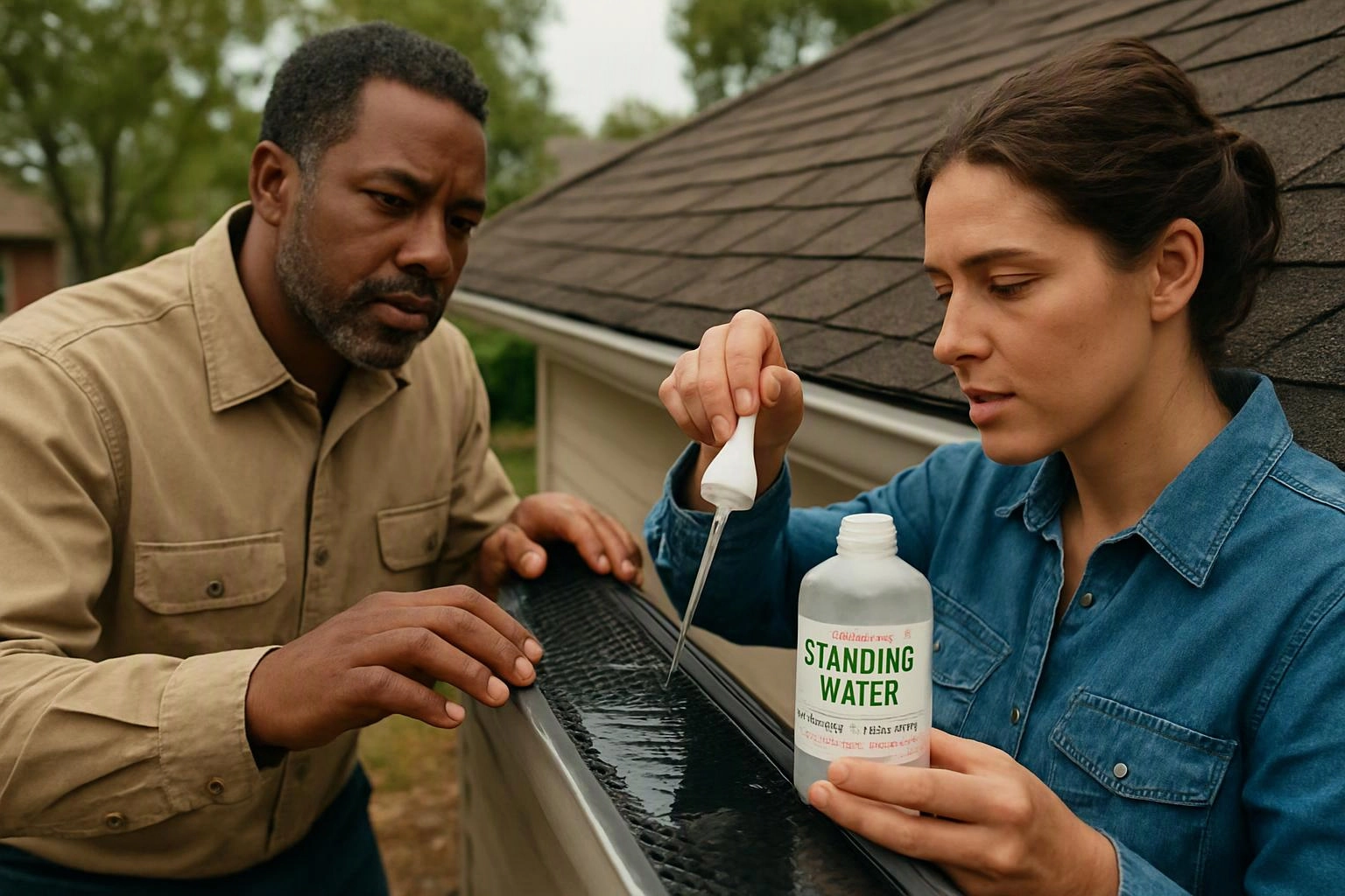 Two people inspect a rain gutter beside a roof while one tests standing water with a dropper