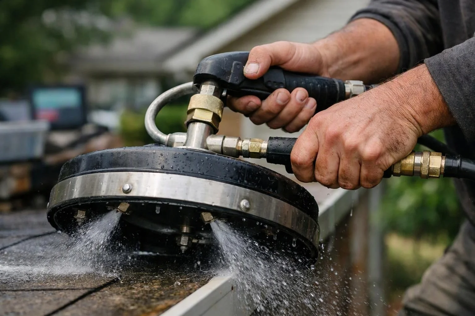 A worker grips a pressure washer tool, spraying water across a wet roof surface