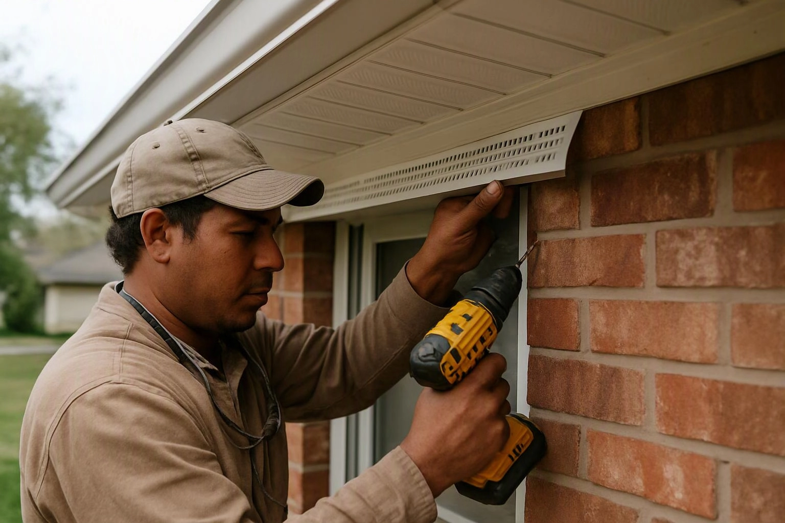 A worker drills into a brick wall beside a window under the house roofline