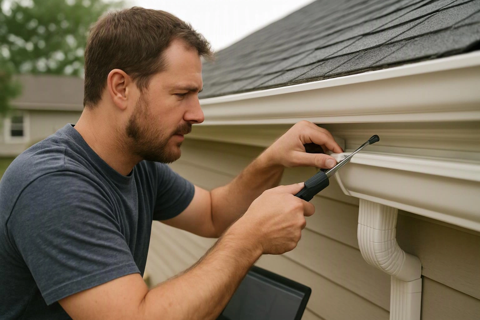 A man inspects a roof gutter with a screwdriver beside a house exterior