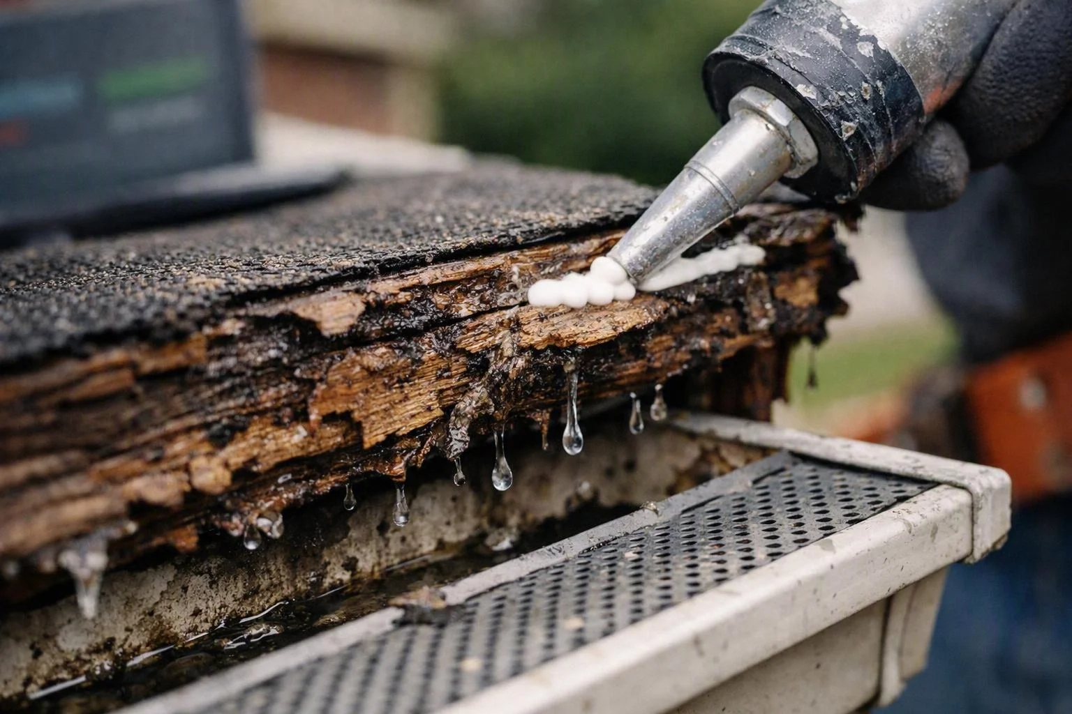 A gloved hand applies sealant to a rotting roof edge with water dripping below