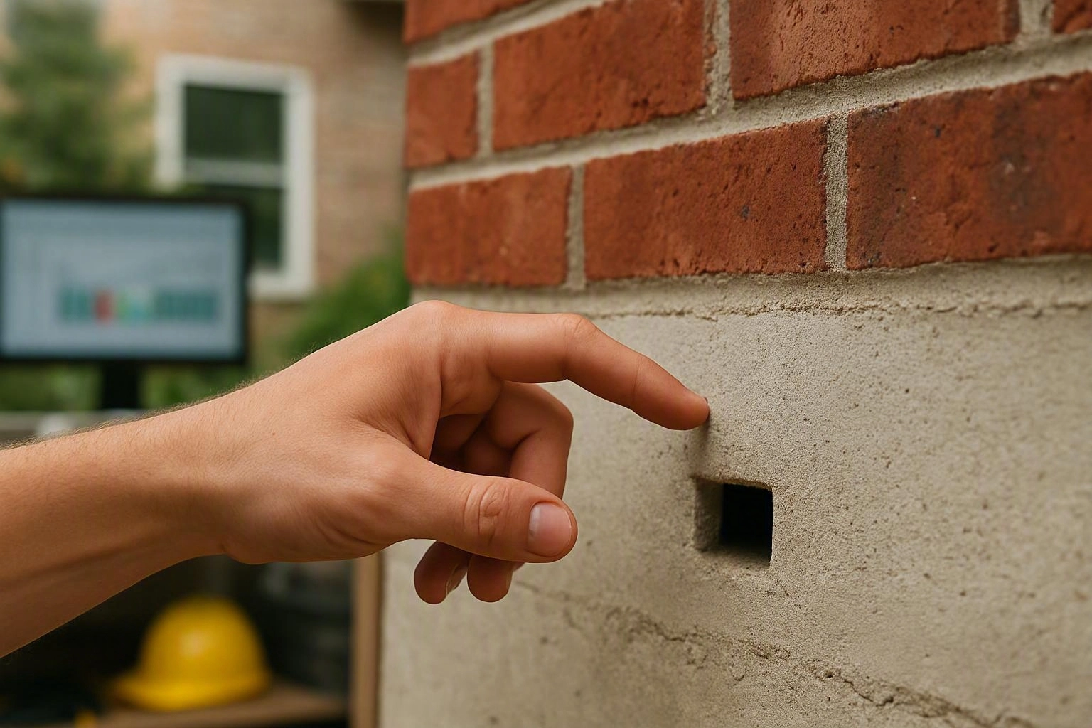 A hand points at a small square hole in a brick wall near a blurred building sign