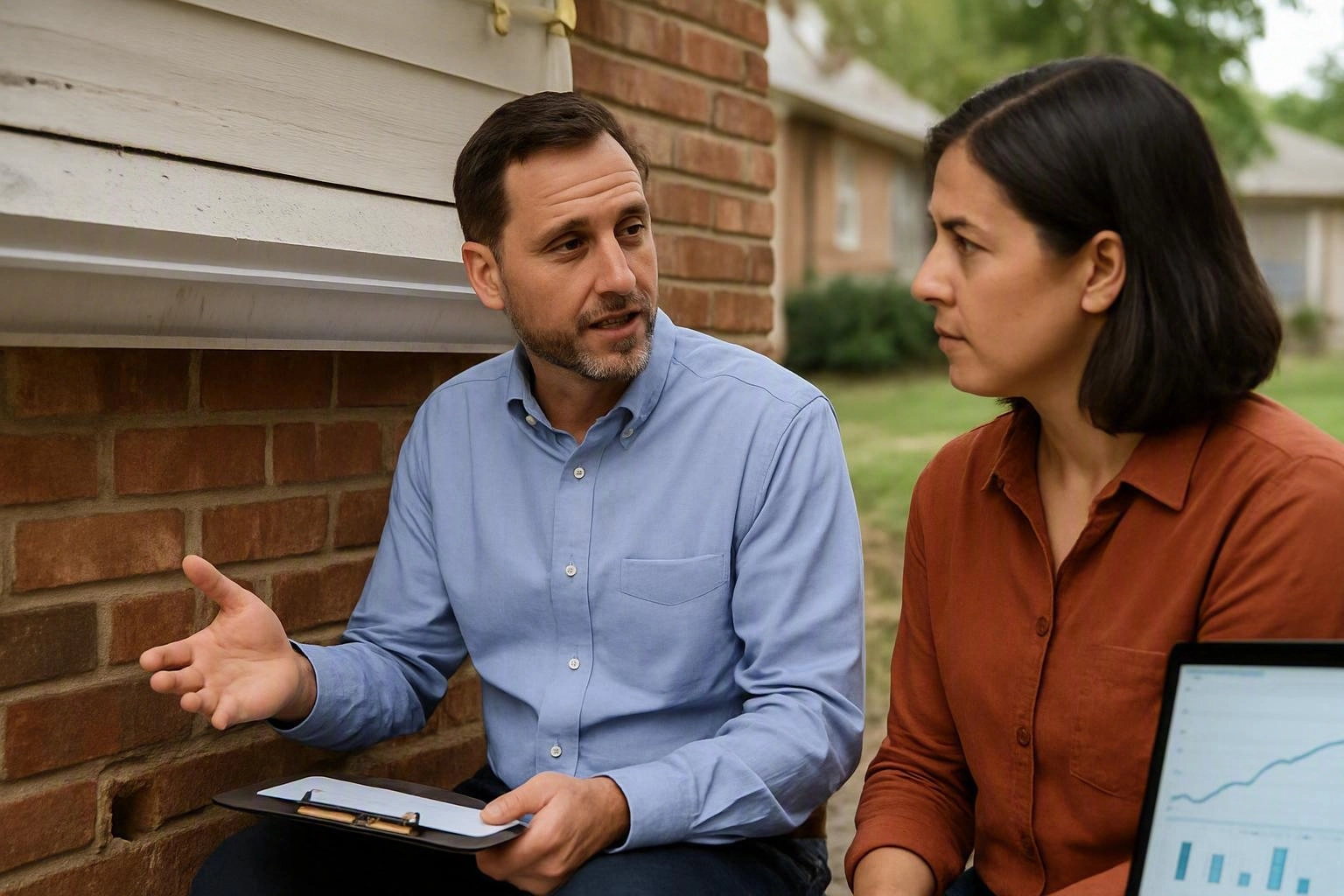 Two adults sit beside a brick house, talking while one holds a clipboard and the other looks at a laptop graph