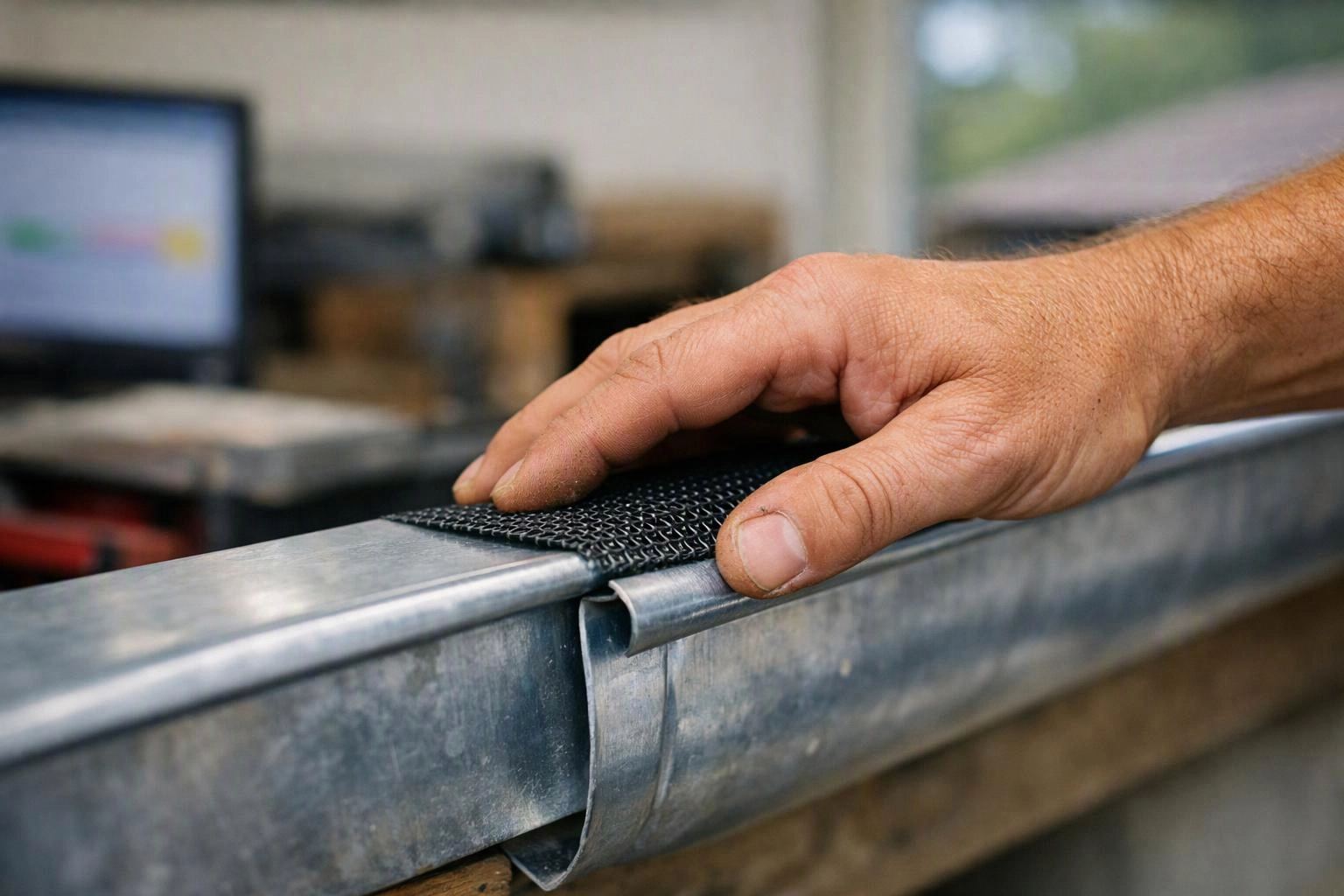 A hand presses black mesh onto a metal gutter section in a workshop