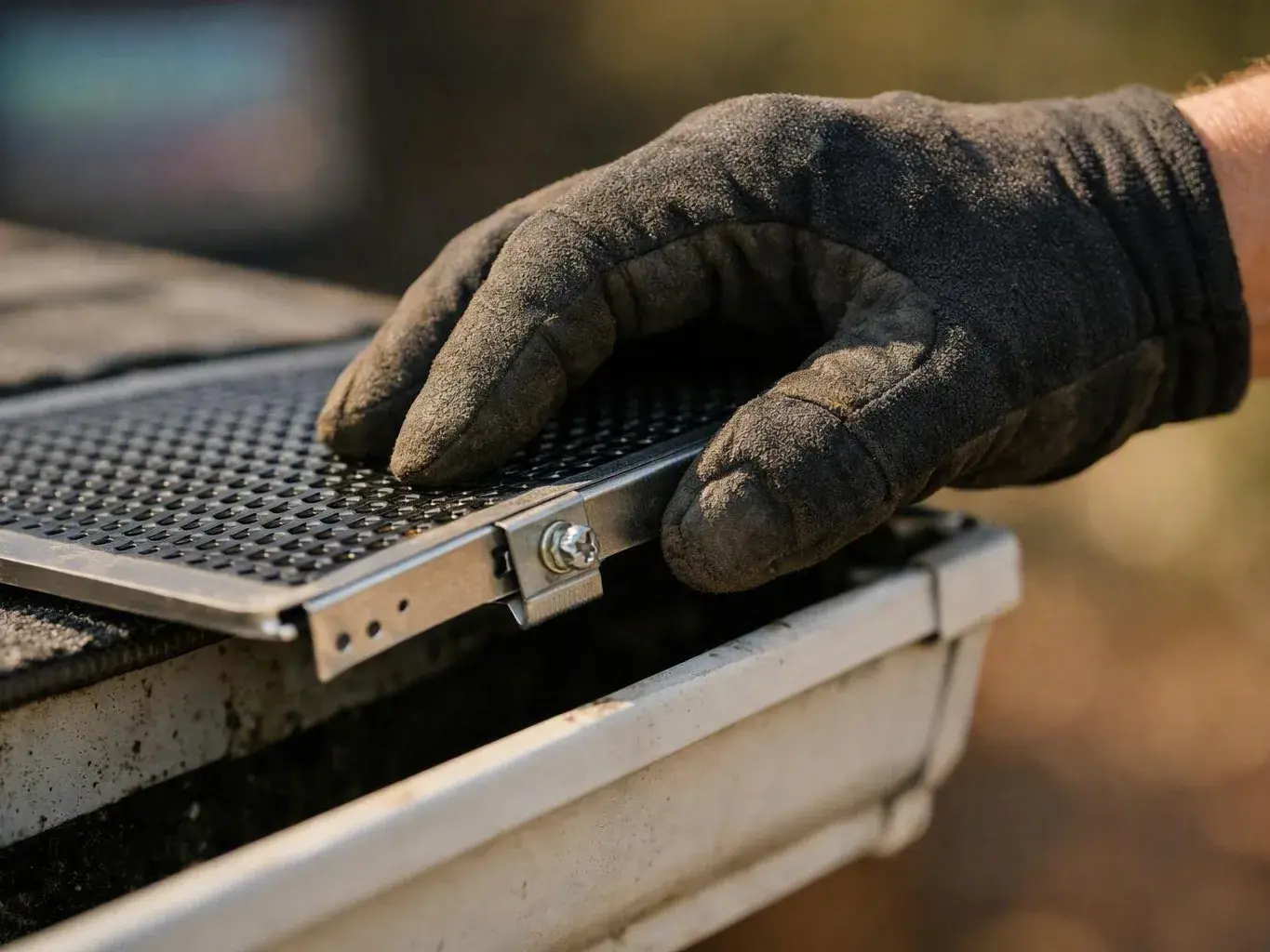 A gloved hand adjusts a metal grate on a white tray outdoors