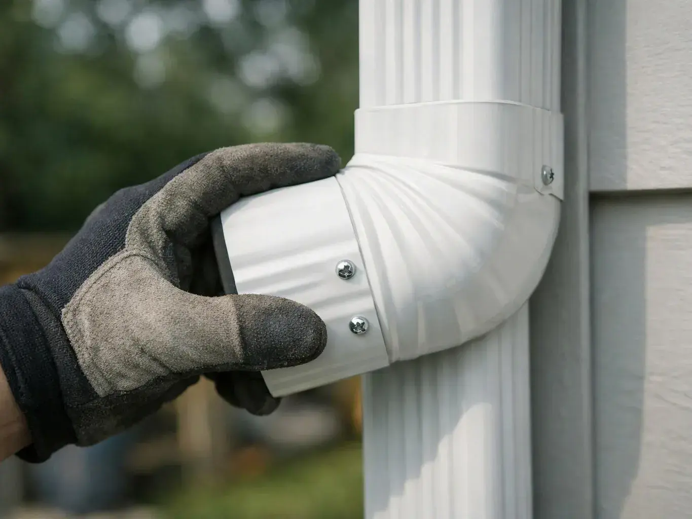 A gloved hand adjusts a white elbow joint on a house downspout beside siding