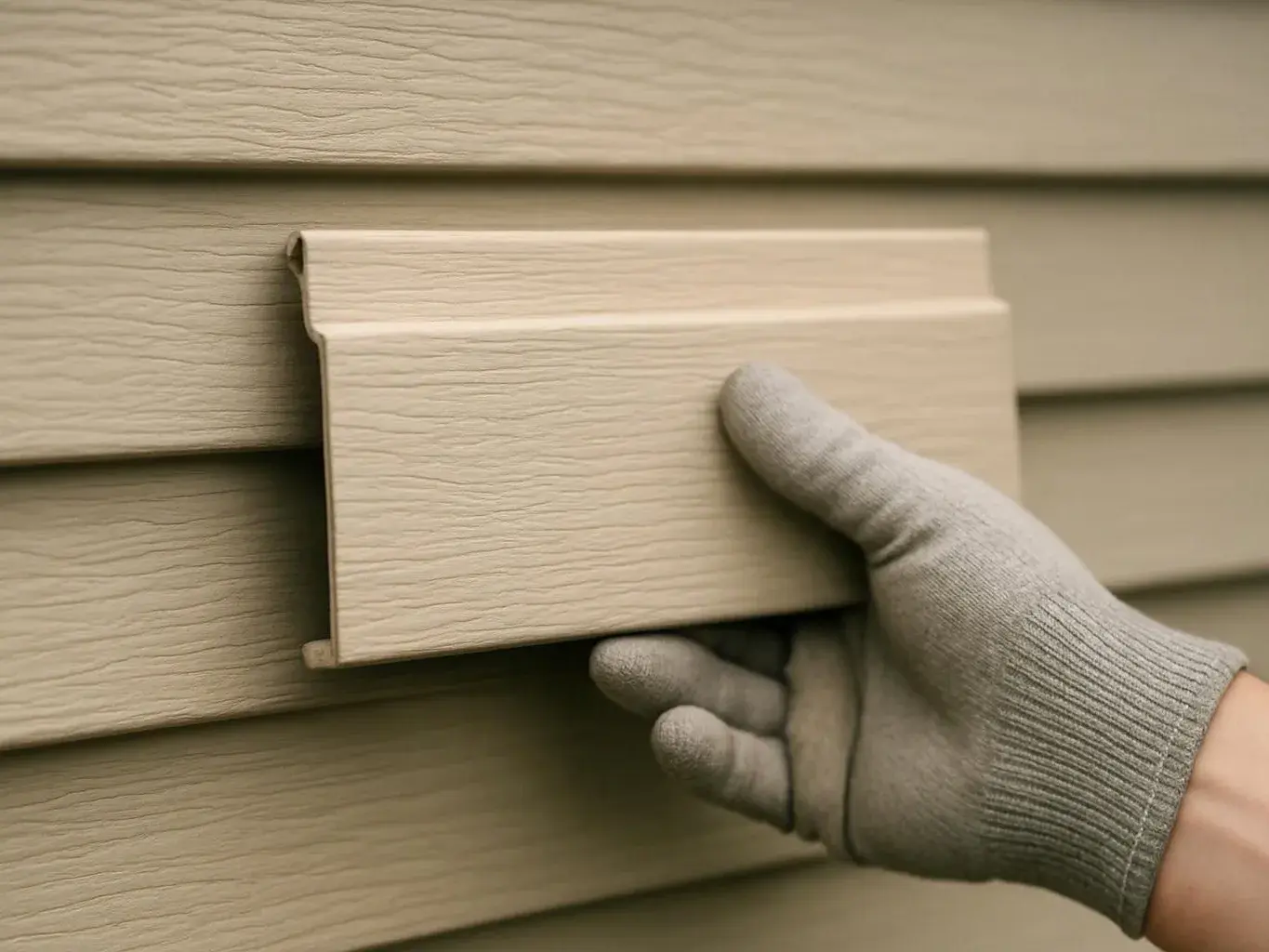 A gloved hand holds a beige siding panel against matching horizontal wall boards