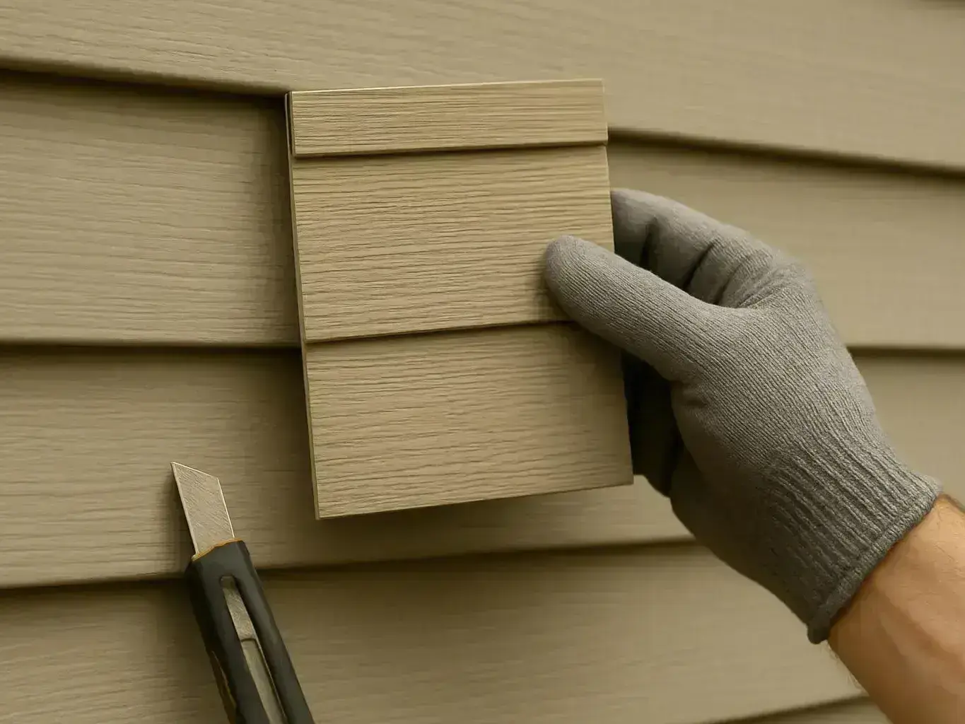 A gloved hand holds a beige siding sample against matching horizontal wall panels beside a utility knife