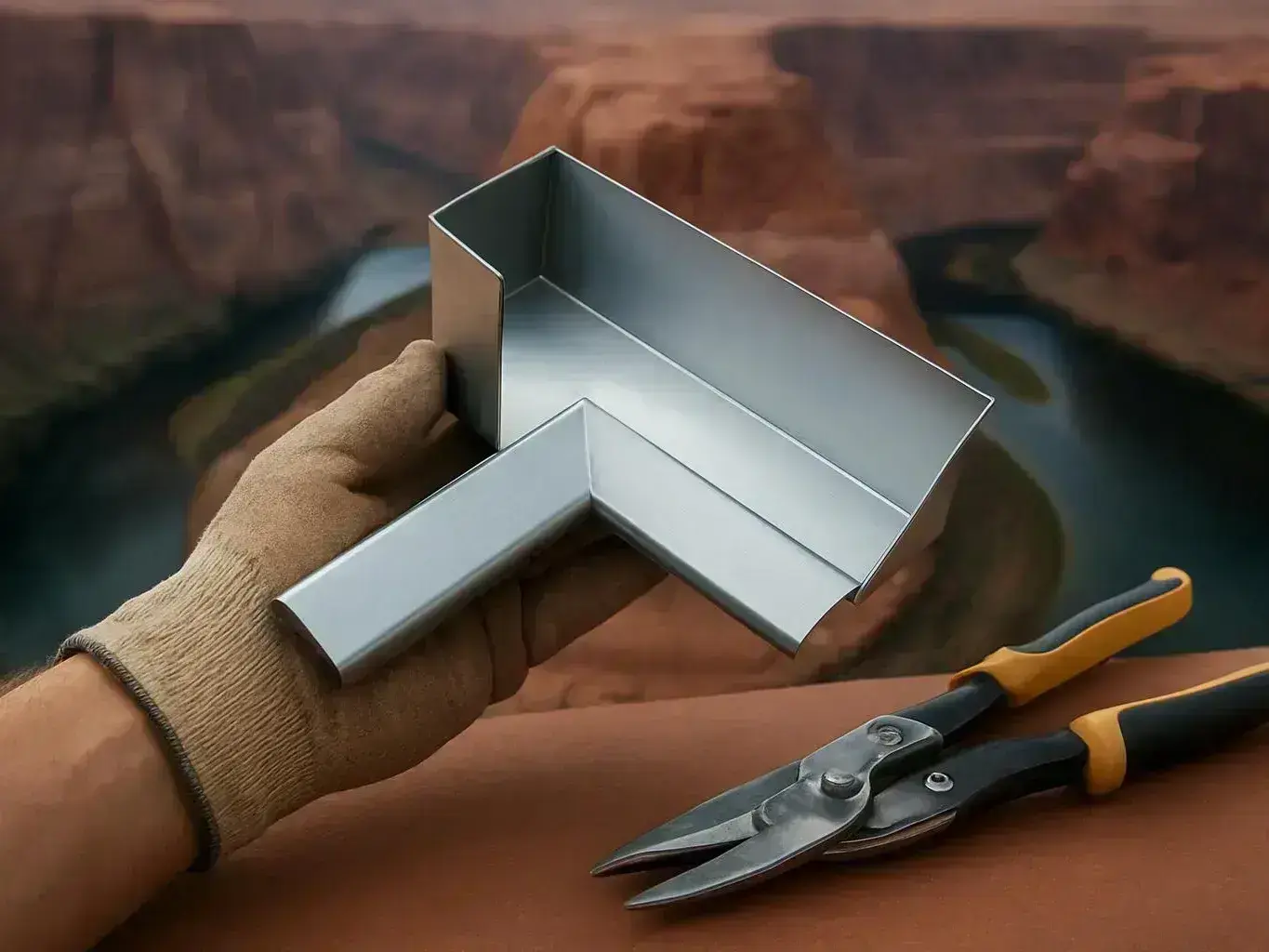 A gloved hand holds a bent metal sheet beside tin snips on a work surface, with a canyon backdrop