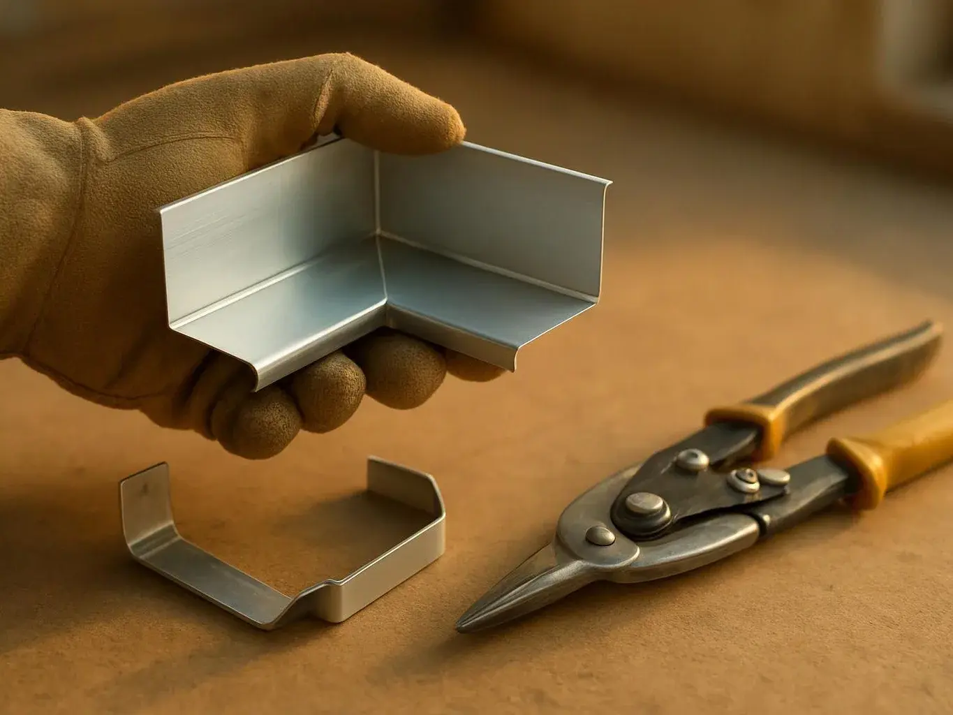 A gloved hand holds a bent metal strip beside tin snips and another cut piece on a workbench
