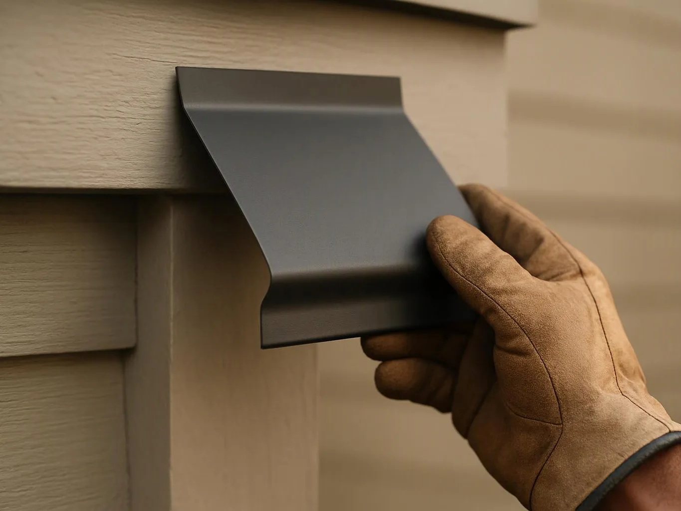 A gloved hand holds a black metal trim piece against beige house siding