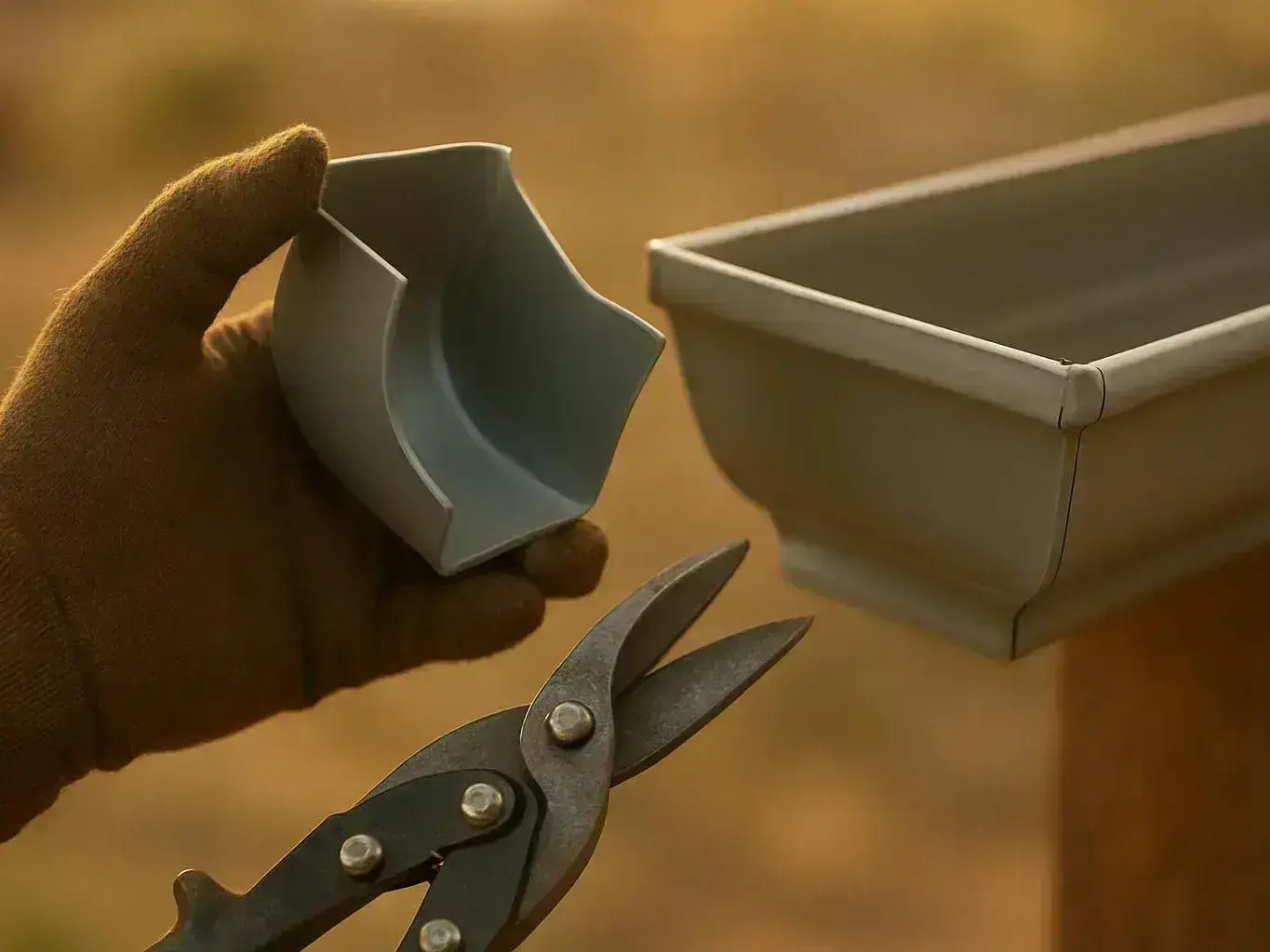 A gloved hand holds a gutter corner piece beside a larger gutter section and pruning shears outdoors