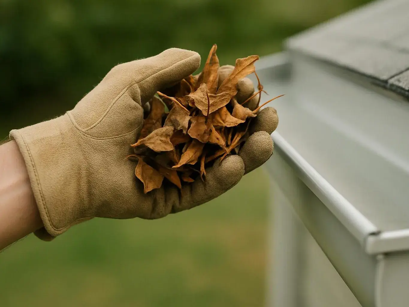 A gloved hand holds a handful of dry leaves beside a metal gutter outdoors
