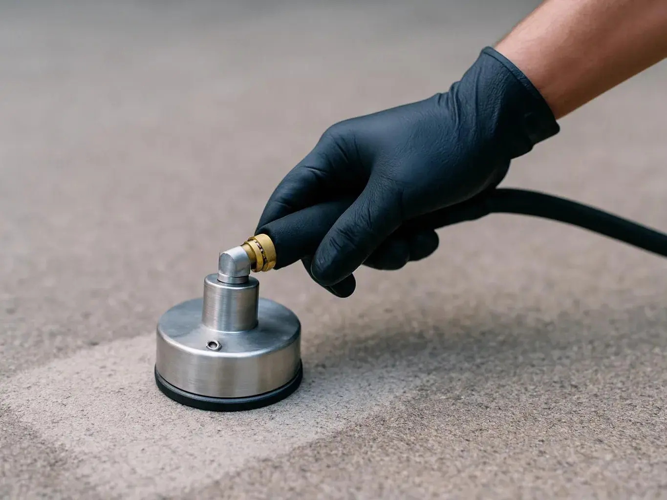 A gloved hand holds a hose nozzle against a round metal tool on a concrete surface