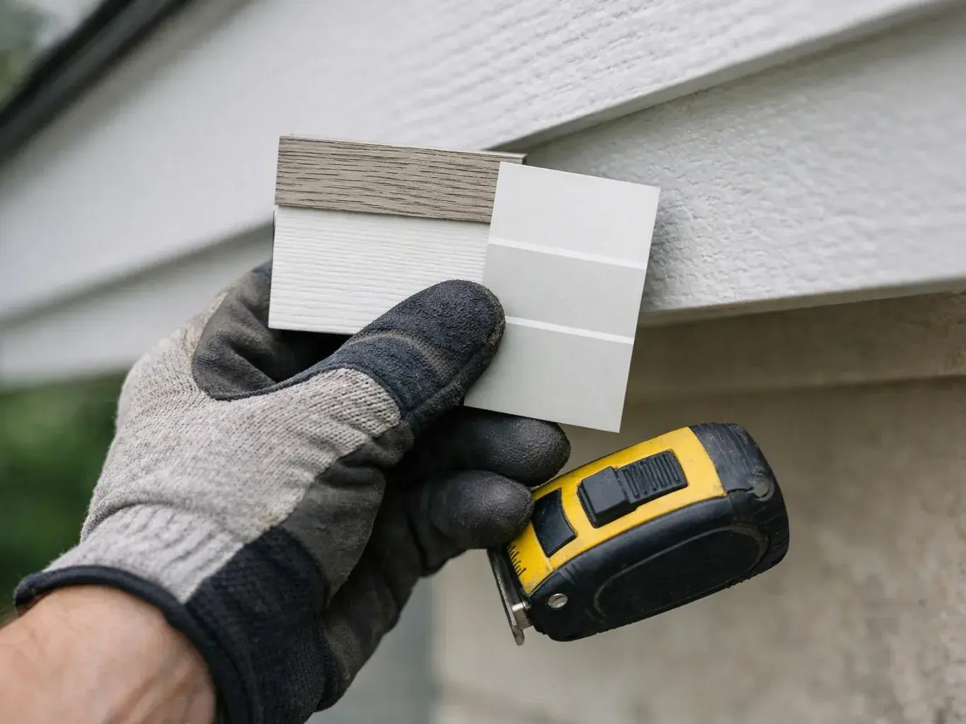 A gloved hand holds house siding sample swatches beside an exterior wall while a tape measure hangs below