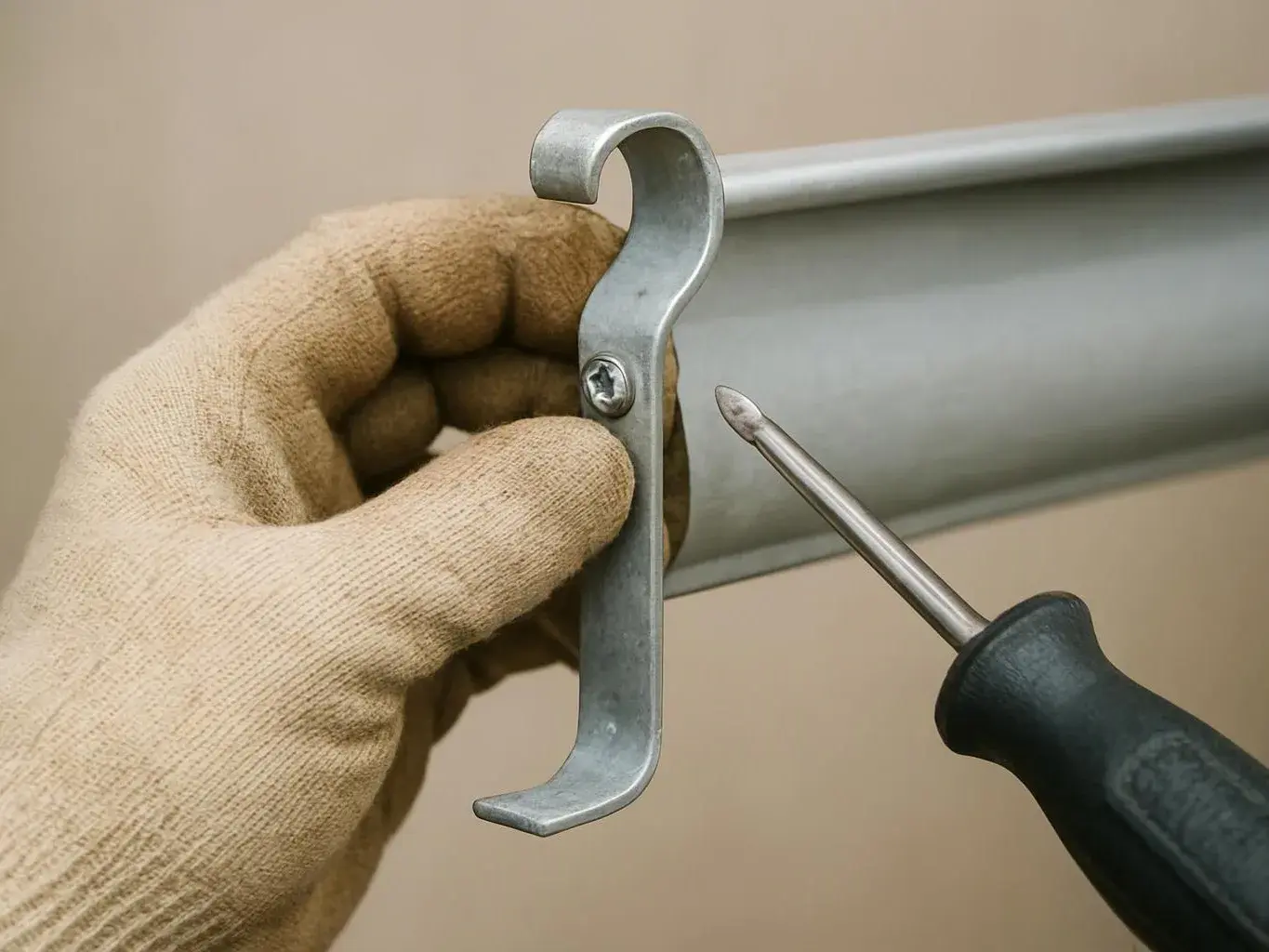A gloved hand holds a metal hook bracket while a screwdriver works beside a gray pipe