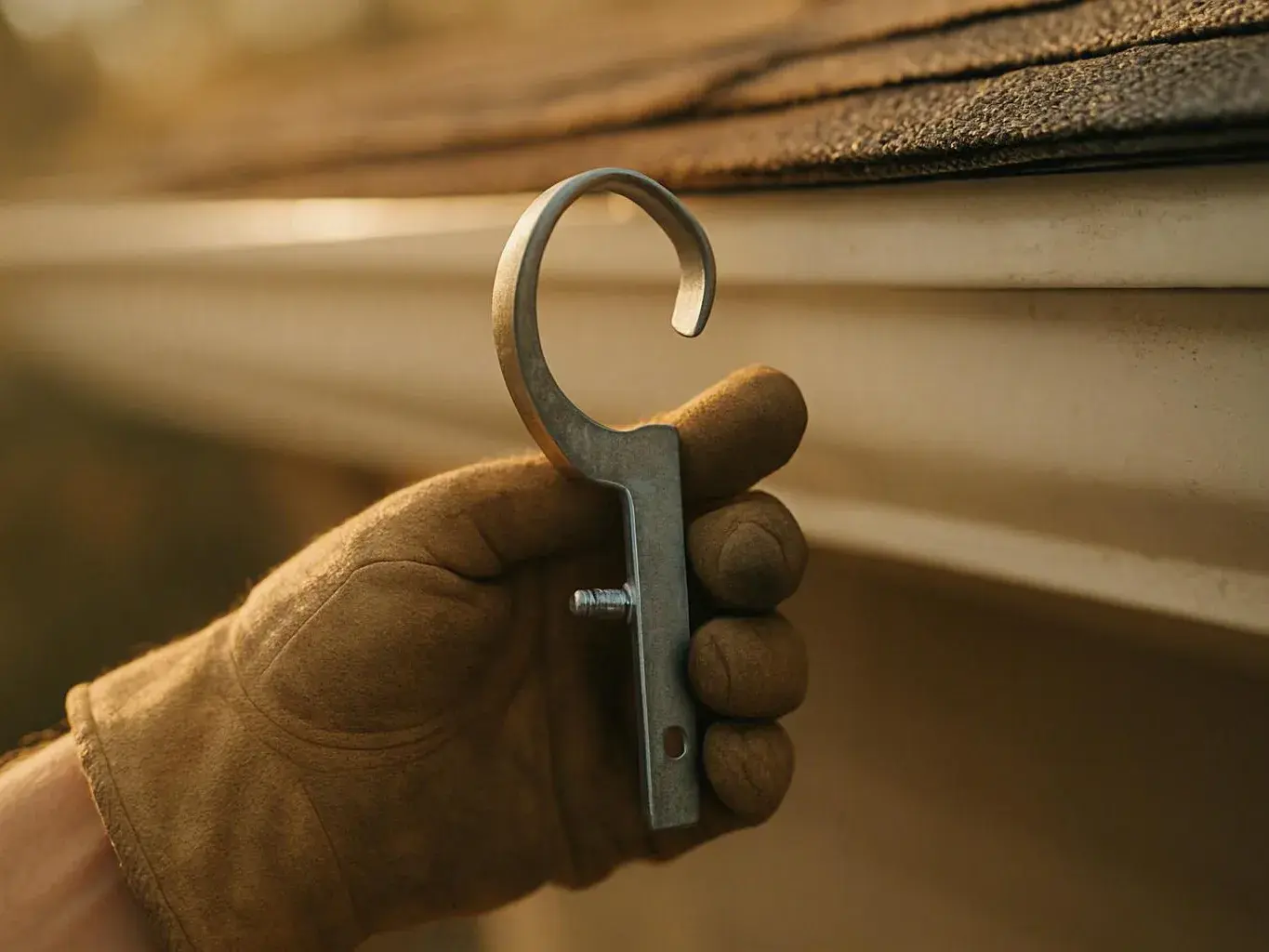 A gloved hand holds a metal roof hook beside a shingled roof edge