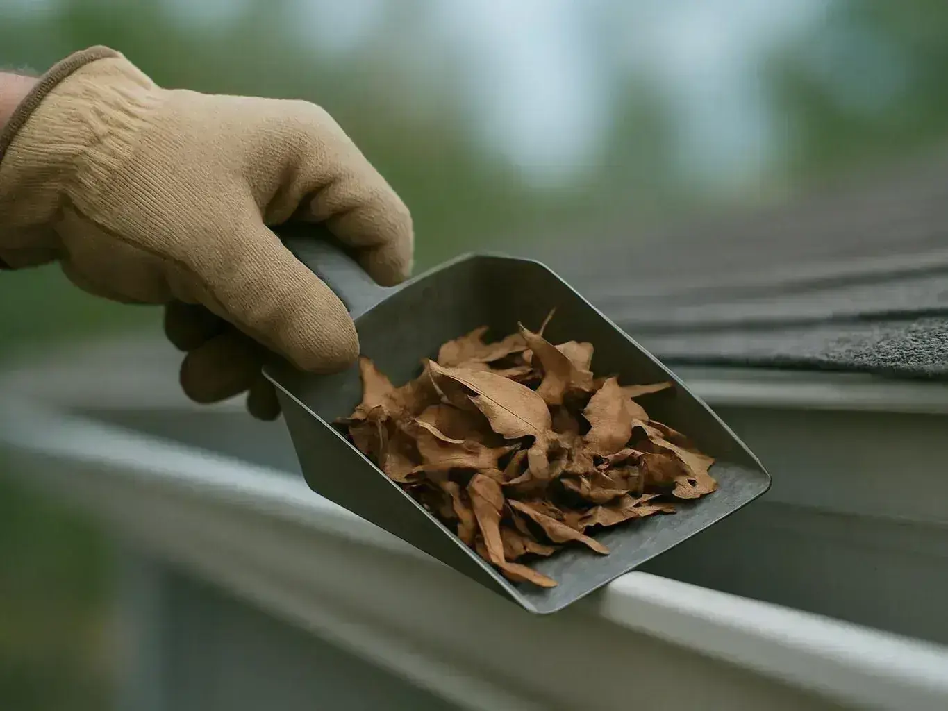 A gloved hand holds a metal scoop filled with dry leaves above a gutter outdoors