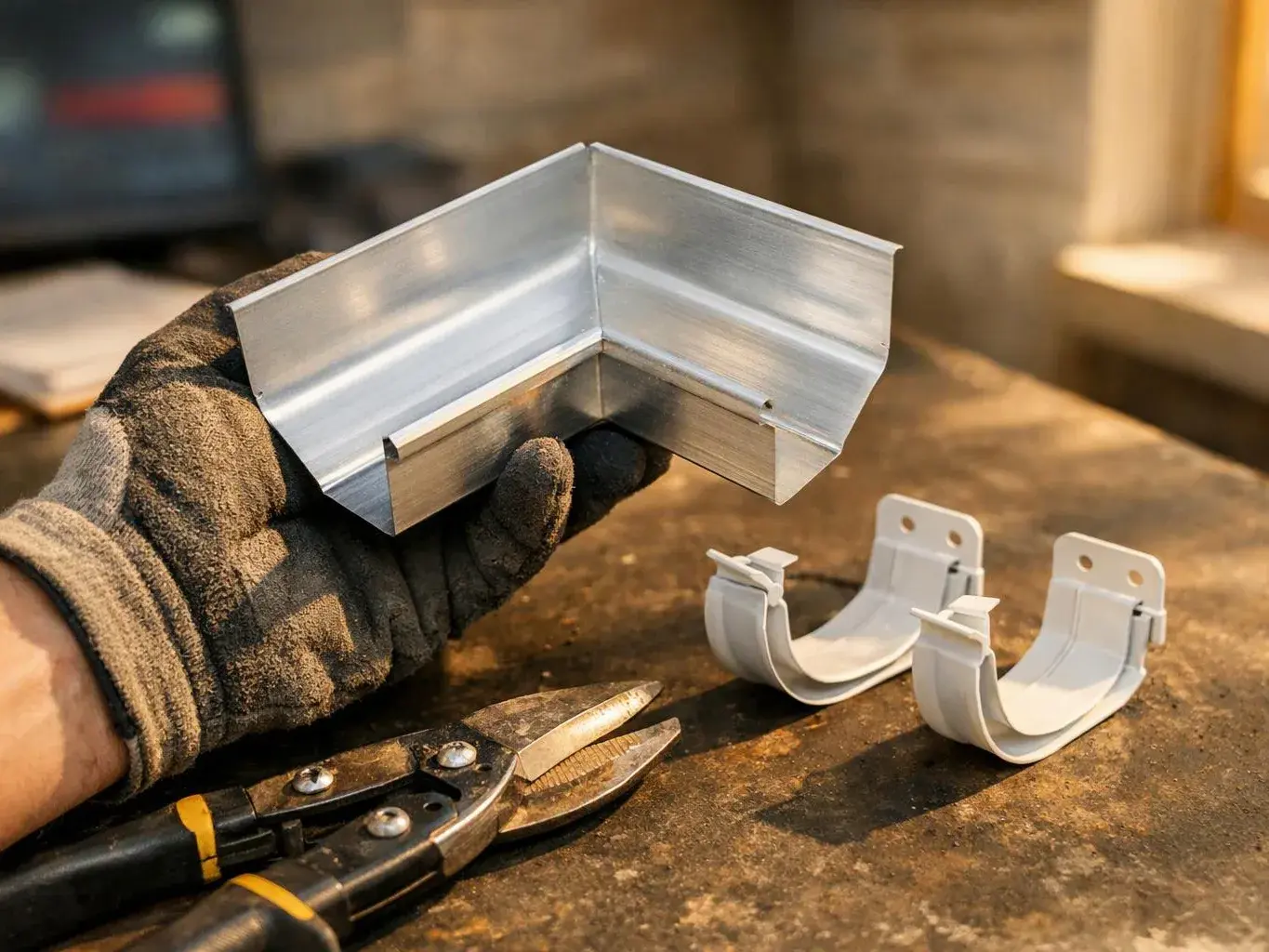 A gloved hand holds a silver metal corner piece beside white gutter brackets and tin snips on a workbench