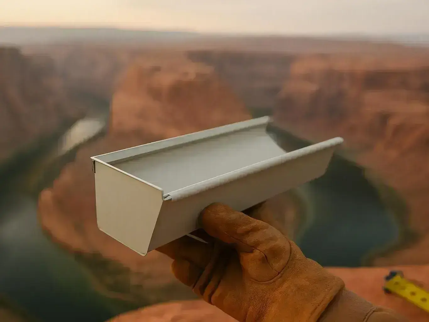A gloved hand holds a small model tray in front of a blurred canyon landscape
