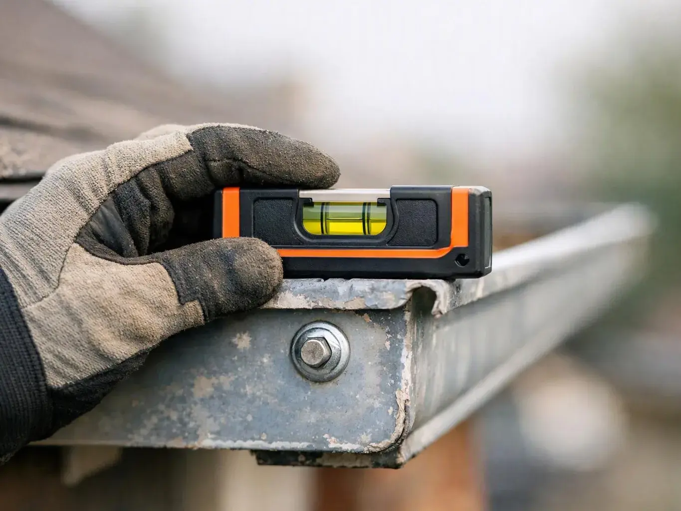 A gloved hand holds a small spirit level on a metal rail outdoors