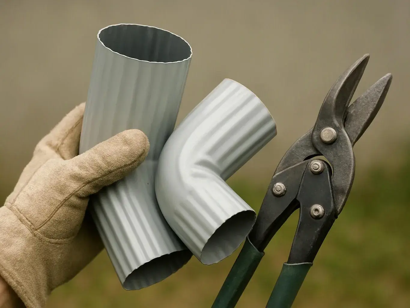 A gloved hand holds two cut metal pipes beside open pruning shears outdoors