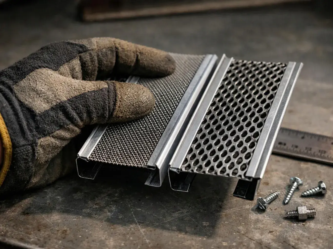 A gloved hand holds two metal mesh panels on a workbench beside screws and a ruler