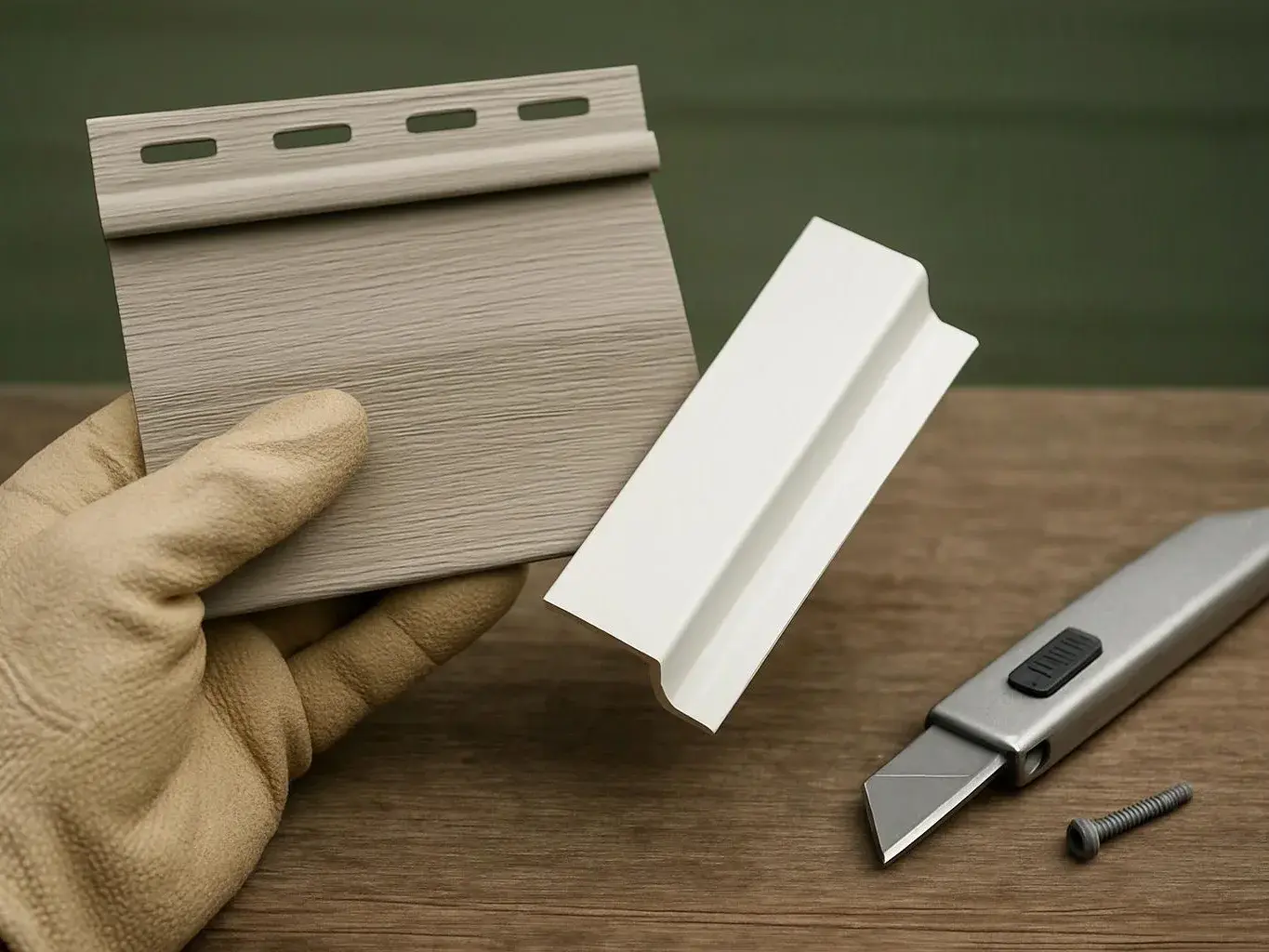 A gloved hand holds a vinyl siding sample beside a white trim piece, a utility knife and screw on a table