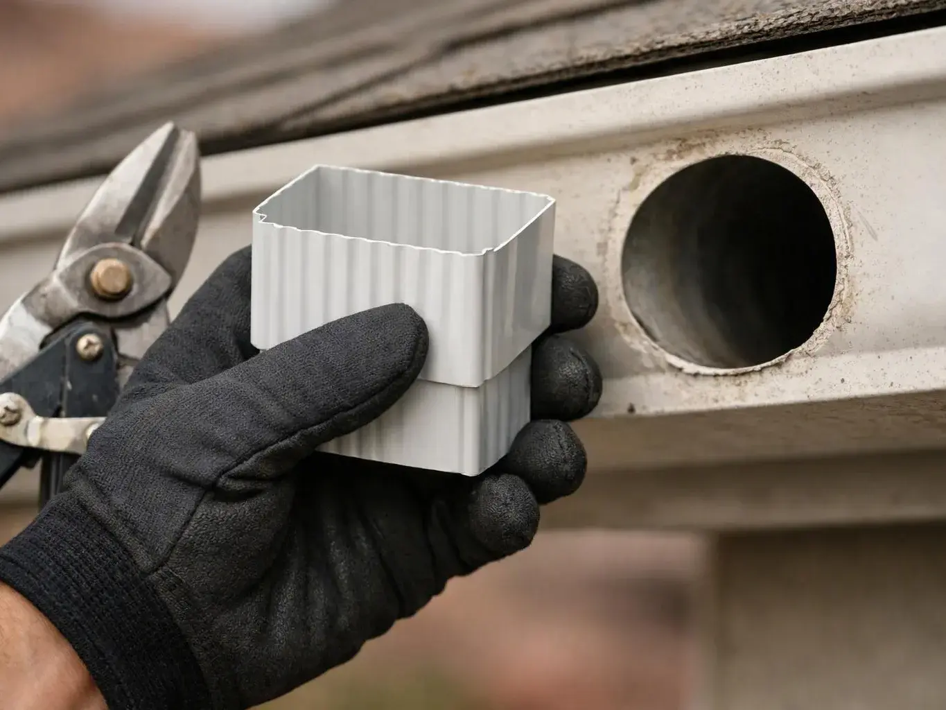A gloved hand holds a white gutter downspout piece beside a metal gutter opening while snips rest nearby