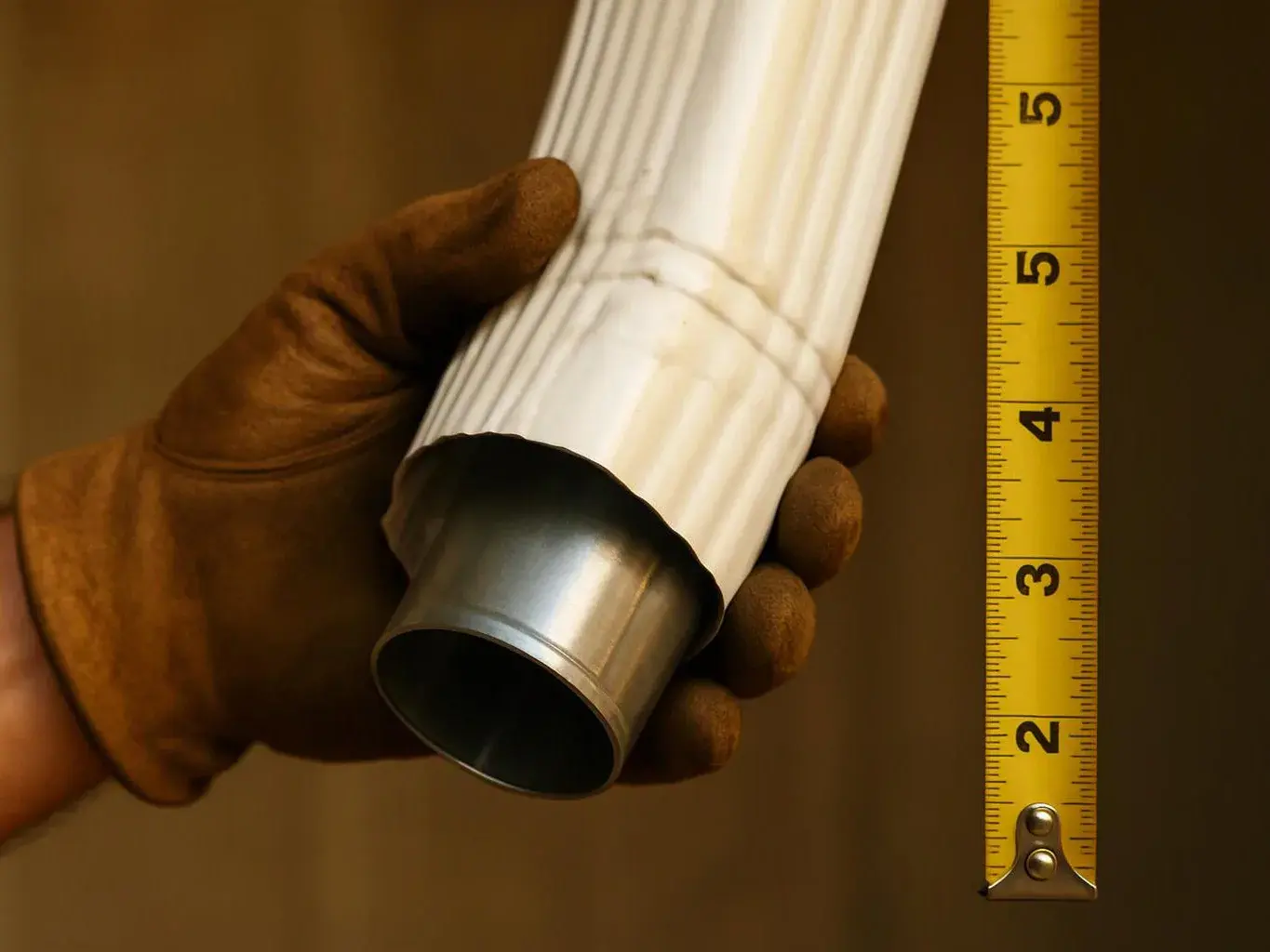A gloved hand holds a white ribbed pipe beside a yellow measuring tape against a brown background