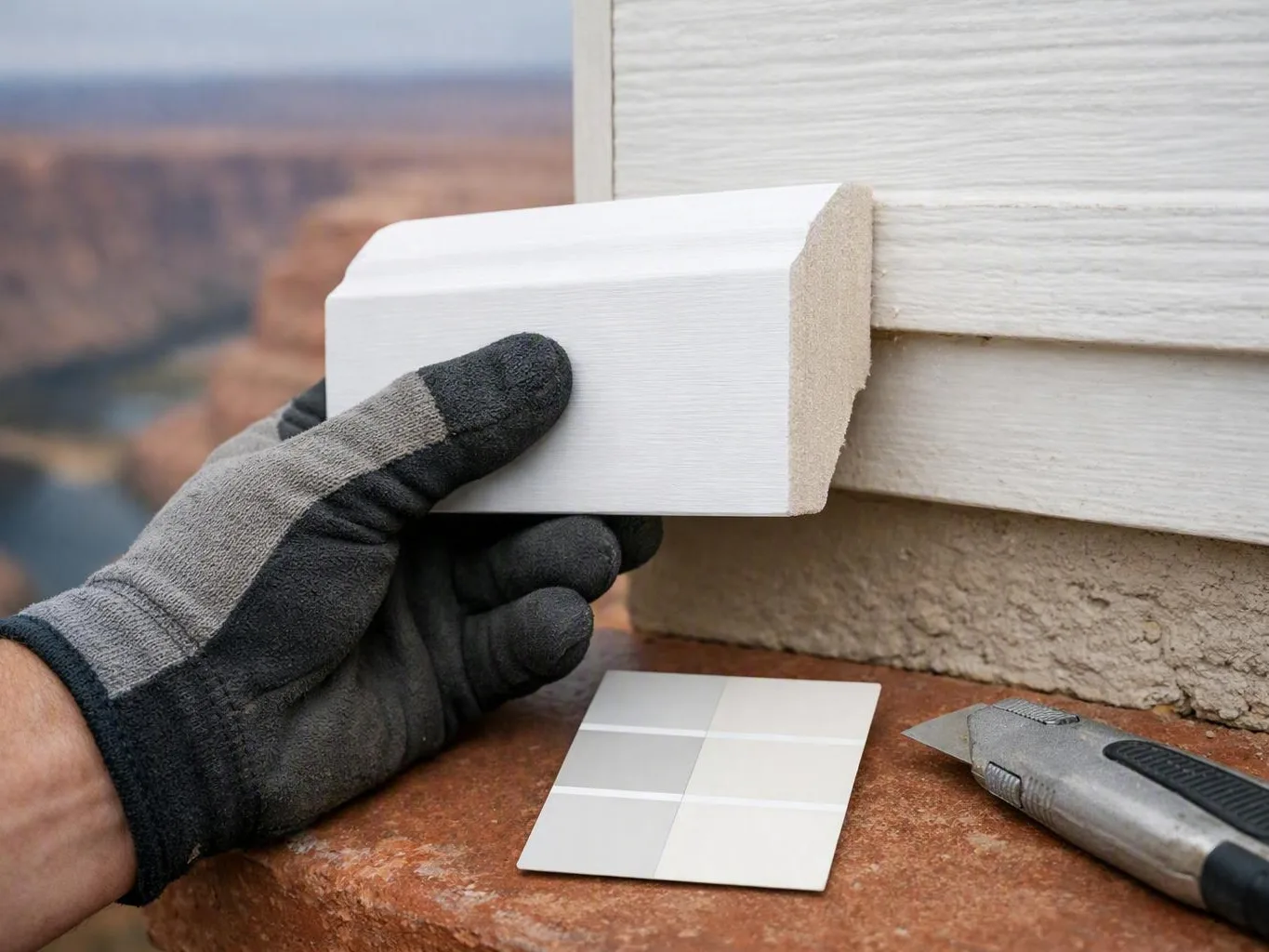 A gloved hand holds a white trim board against an exterior wall, with a utility knife and color samples nearby