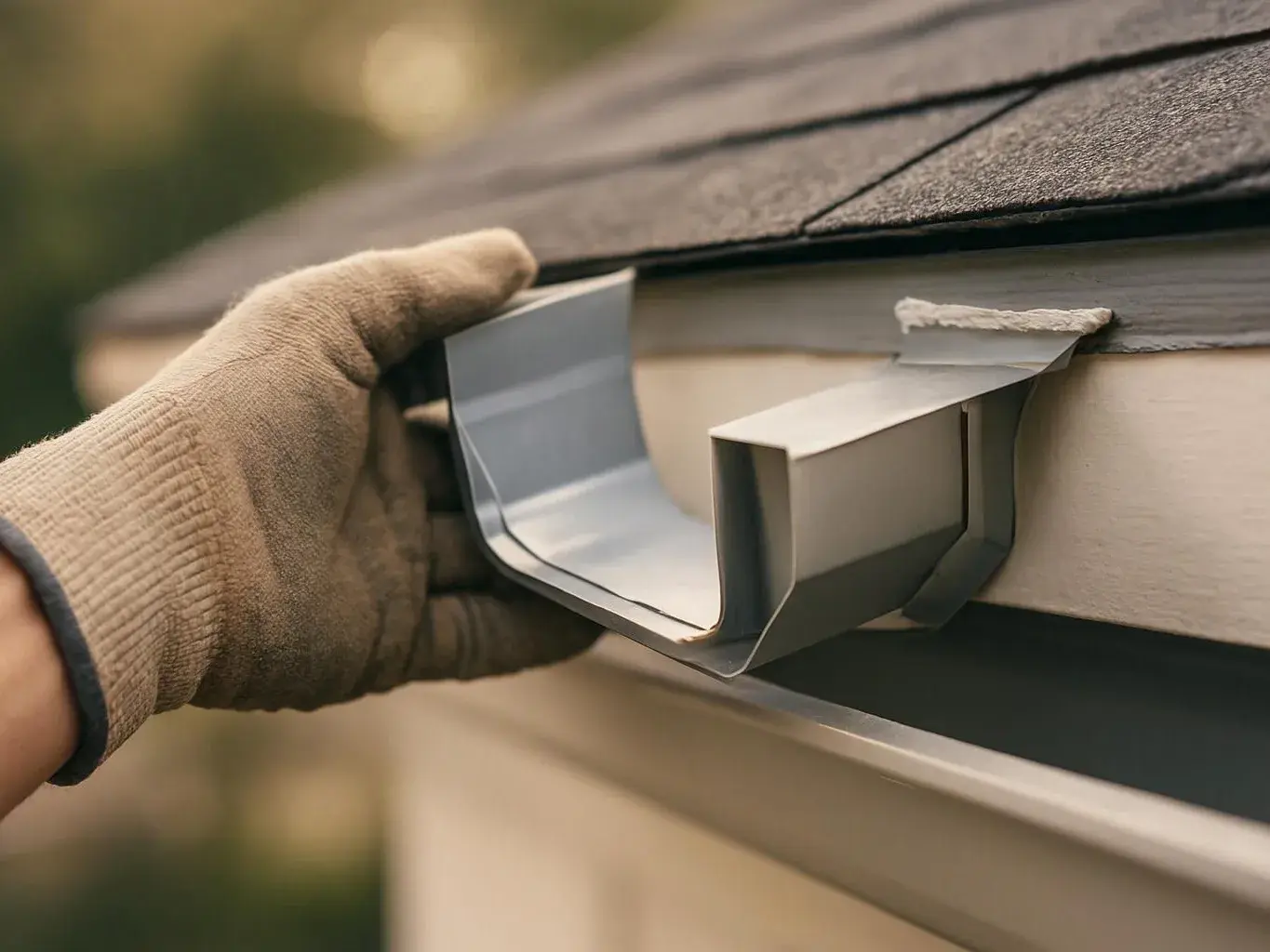 A gloved hand installs a metal gutter guard along the edge of a shingled roof