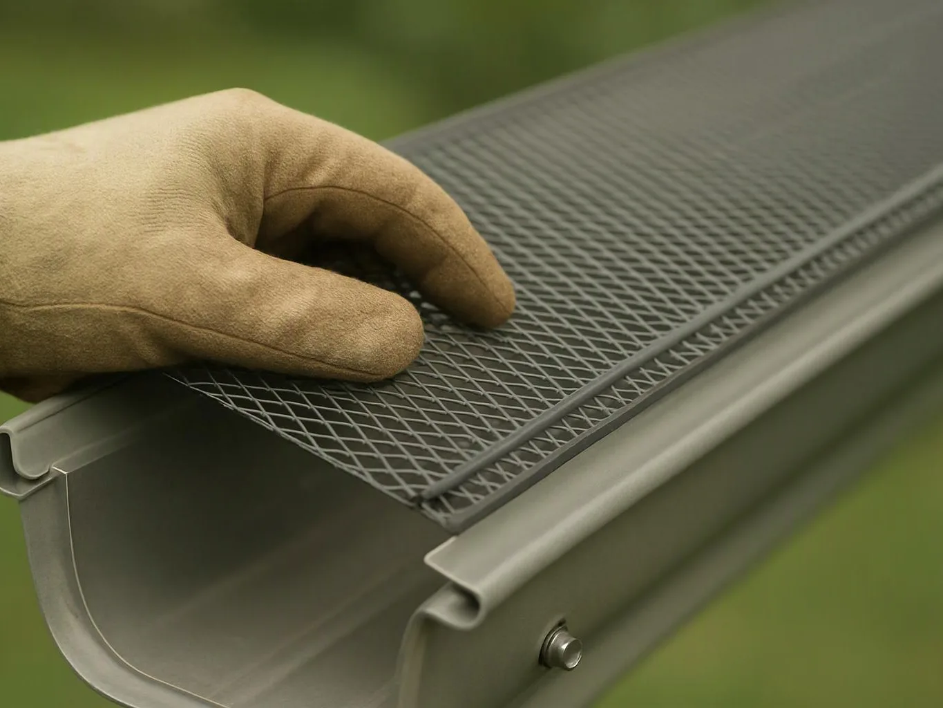 A gloved hand places a metal mesh panel onto a gray gutter channel outdoors