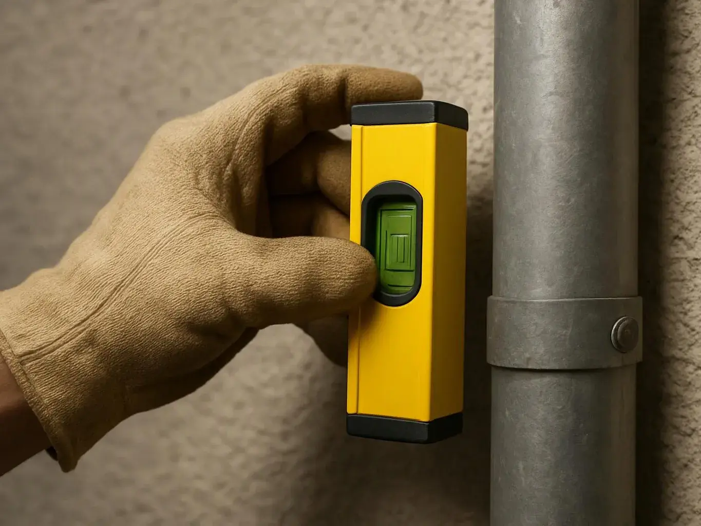 A gloved hand presses a green button on a yellow measuring tool beside a metal pipe