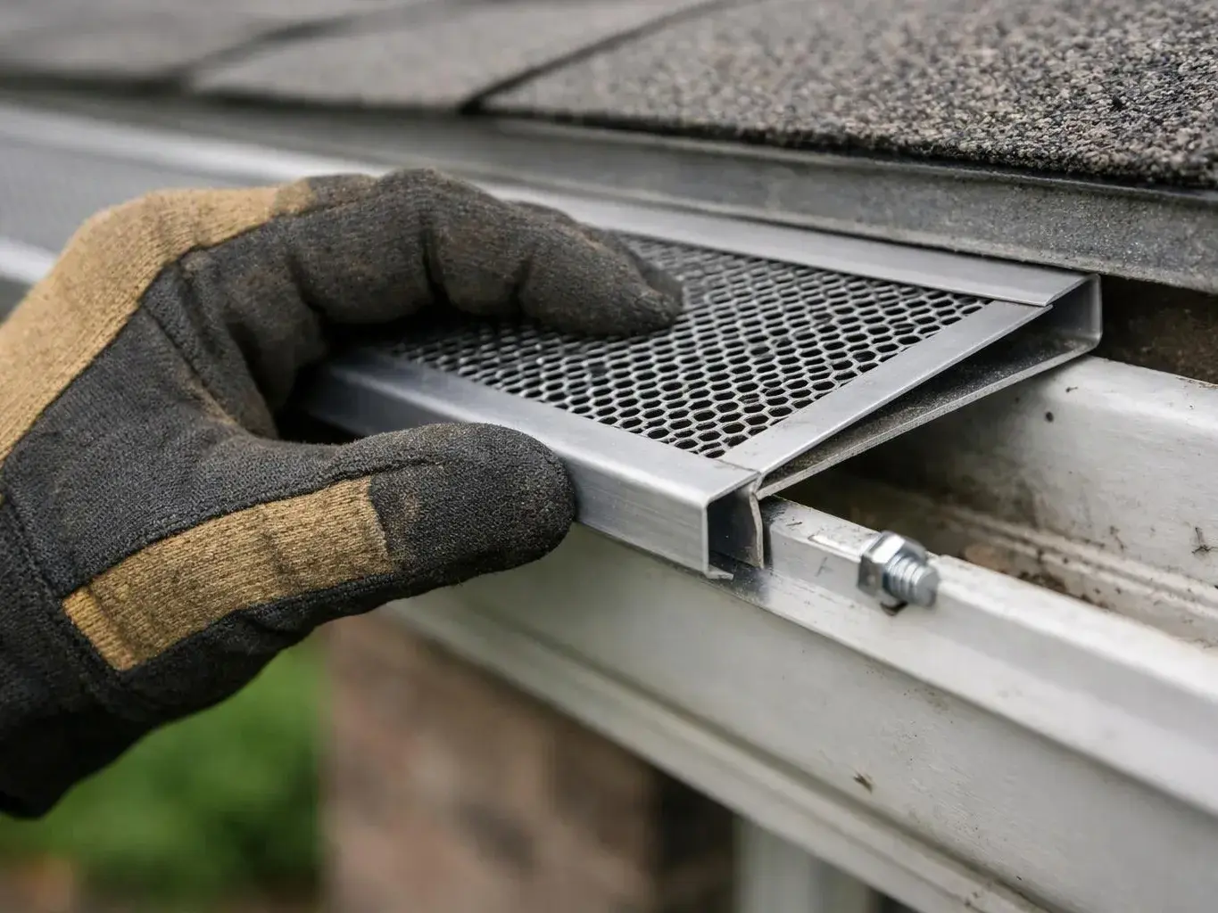 A gloved hand slides a metal gutter guard into place under roof shingles