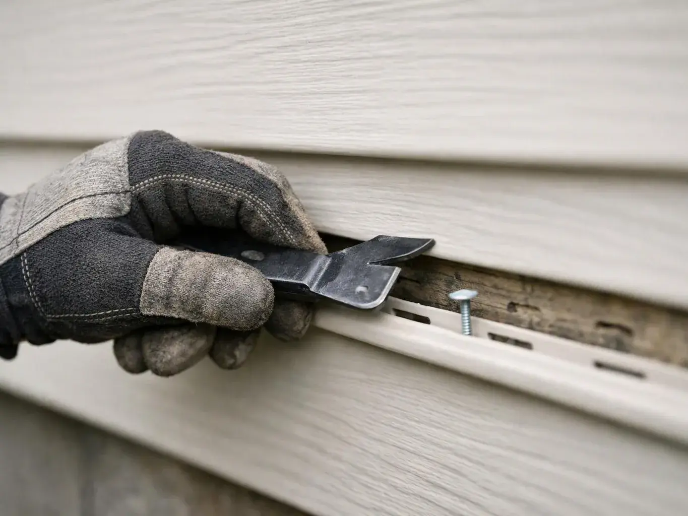 A gloved hand uses a metal pry tool to lift siding beside an exposed nail on a house wall