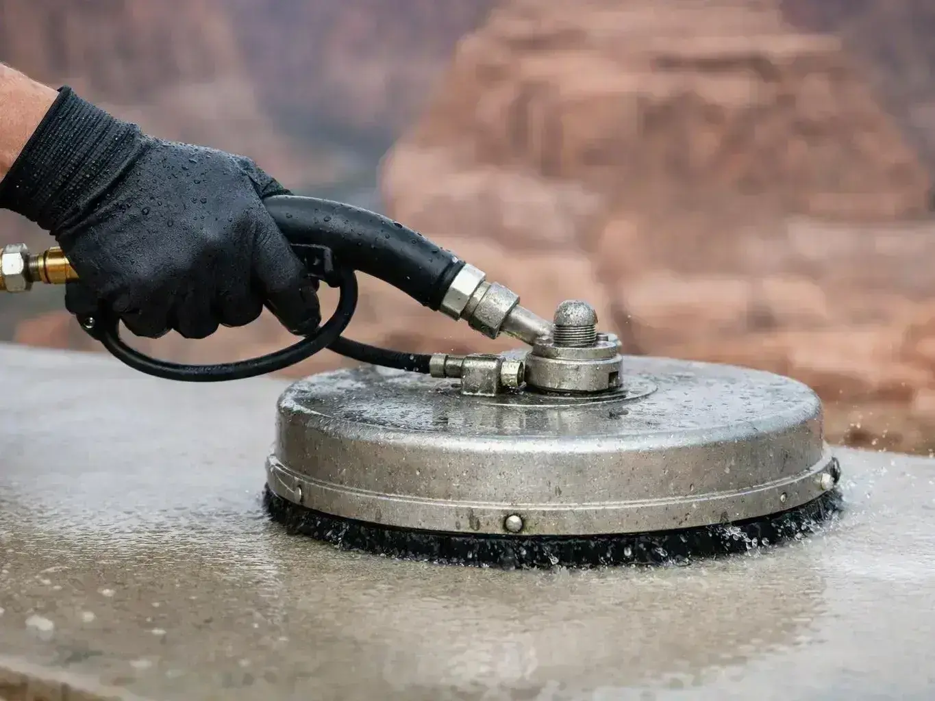 A gloved hand uses a pressure washer nozzle to spray a round metal surface outdoors