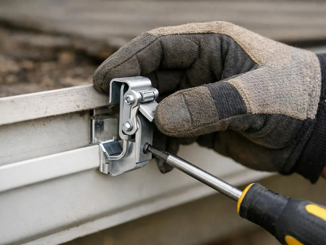 Gloved hands tighten a small metal clamp on a white metal frame with a screwdriver