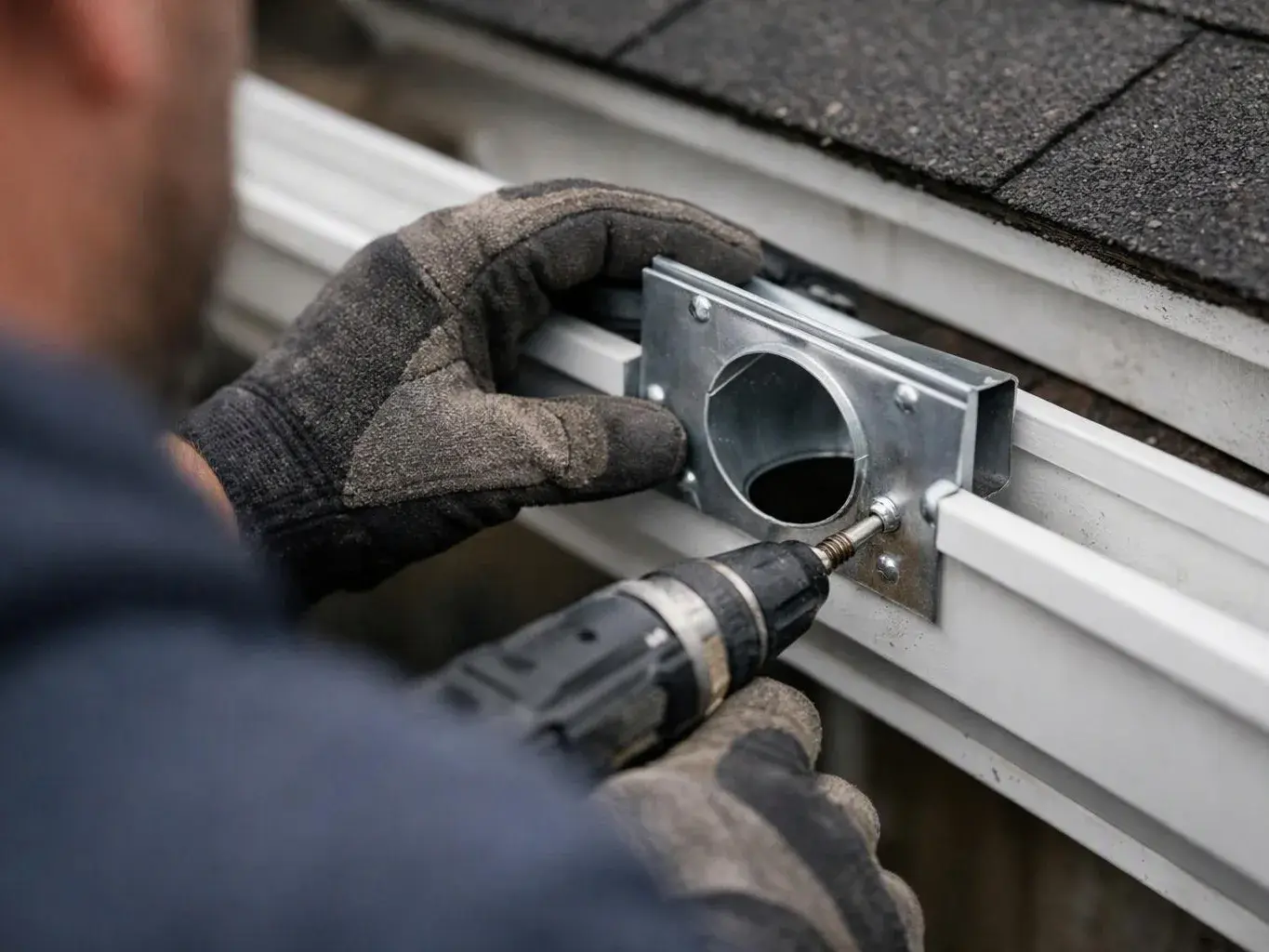 Gloved hands use a drill to fasten a metal vent fitting onto a roof edge